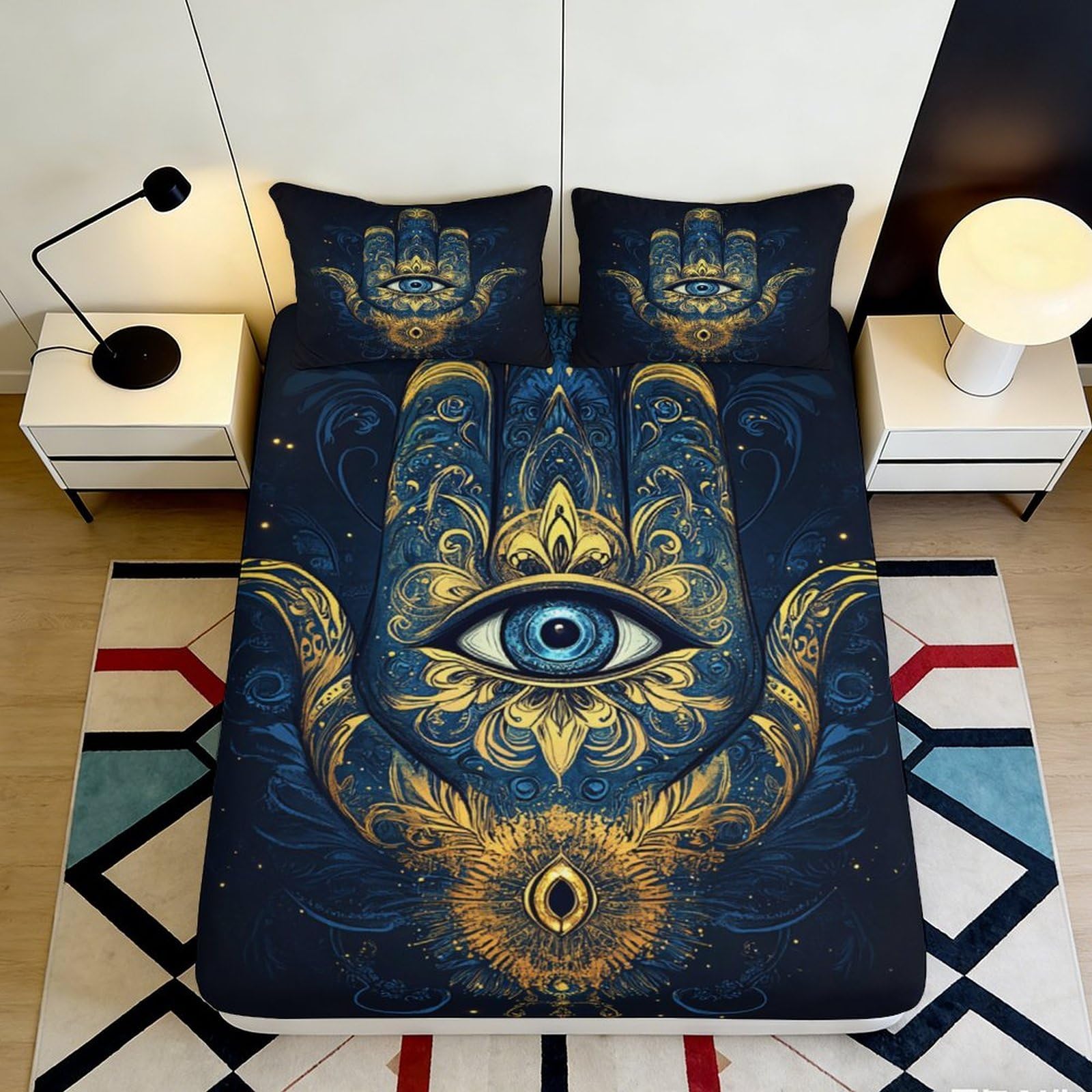 3D Printed Hamsa Hand Fitted Sheet Microfiber Eye Mandala Bed Cover Non-Slip Washable Dark Blue for Bedroom Guest Room 90x200x25cm