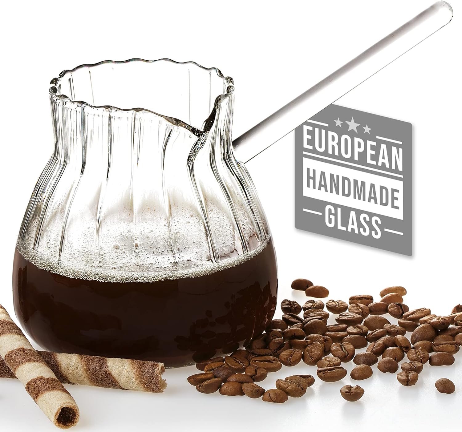 Turkish Coffee Pot Borosilicate Glass, Stovetop Tea Maker, Jazzva Cezve Briki, Healthy and Extremely Heat Resistant Milk Warmer, Hot Chocolate Maker, Butter Melting Pot (Streaked 15 oz): Home & Kitchen