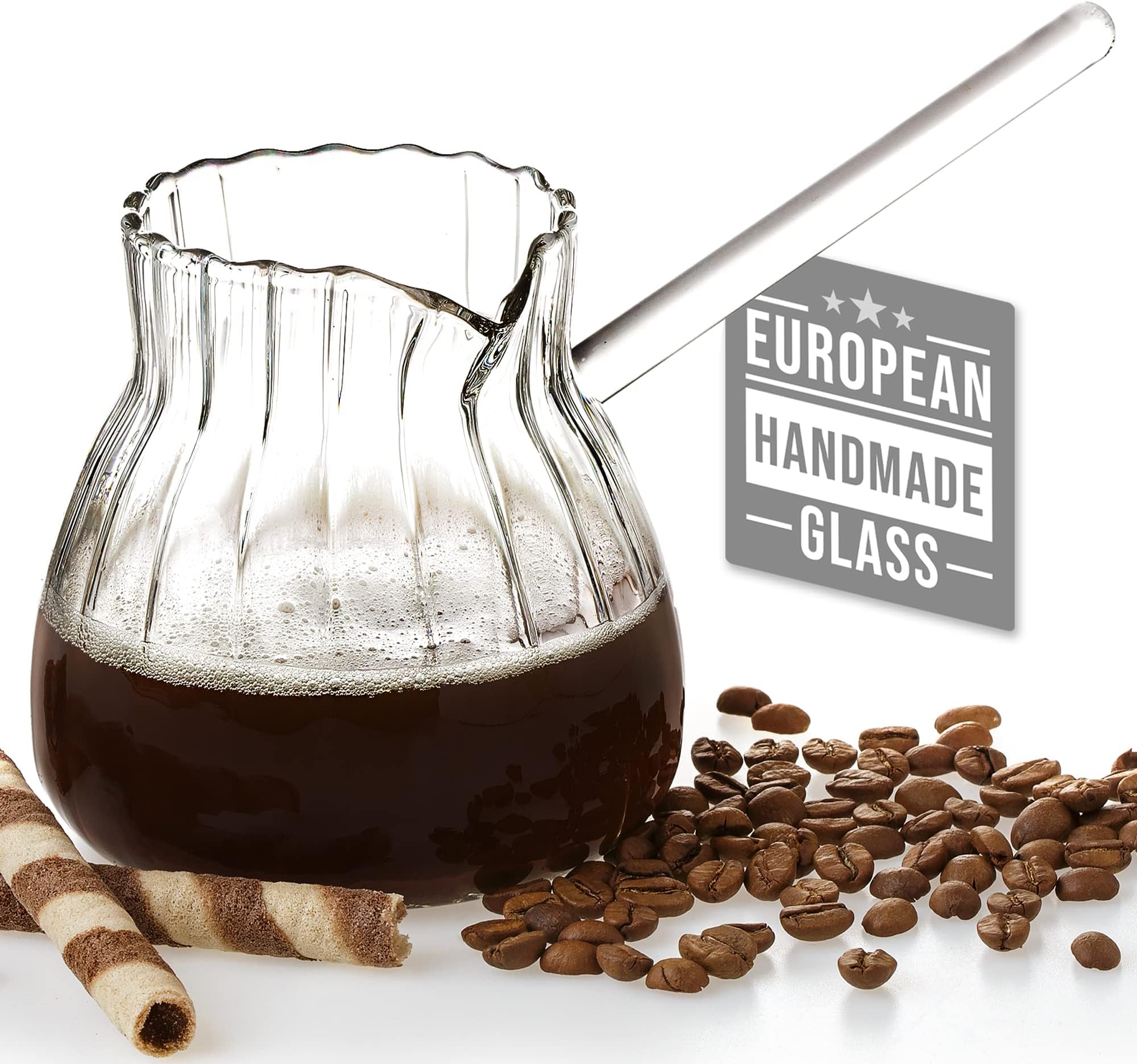 Turkish Coffee Pot Borosilicate Glass, Stovetop Tea Maker, Jazzva Cezve Briki, Healthy and Extremely Heat Resistant Milk Warmer, Hot Chocolate Maker, Butter Melting Pot (Streaked 15 oz)