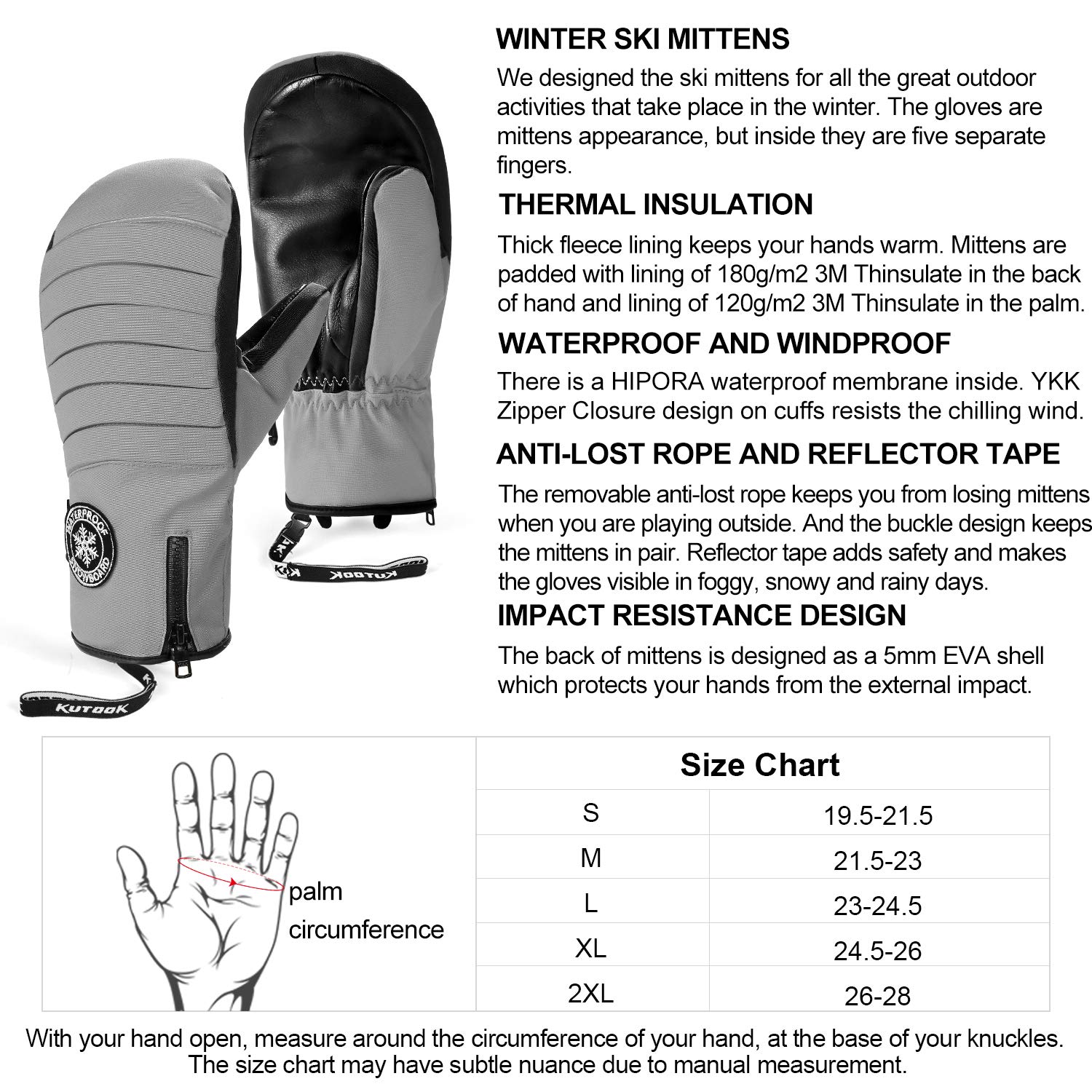 KUTOOK Guantes Esquí Invierno Piel Cuero 3M Thinsulate Impermeable TPU Hombre Nieve Ski Snowboard