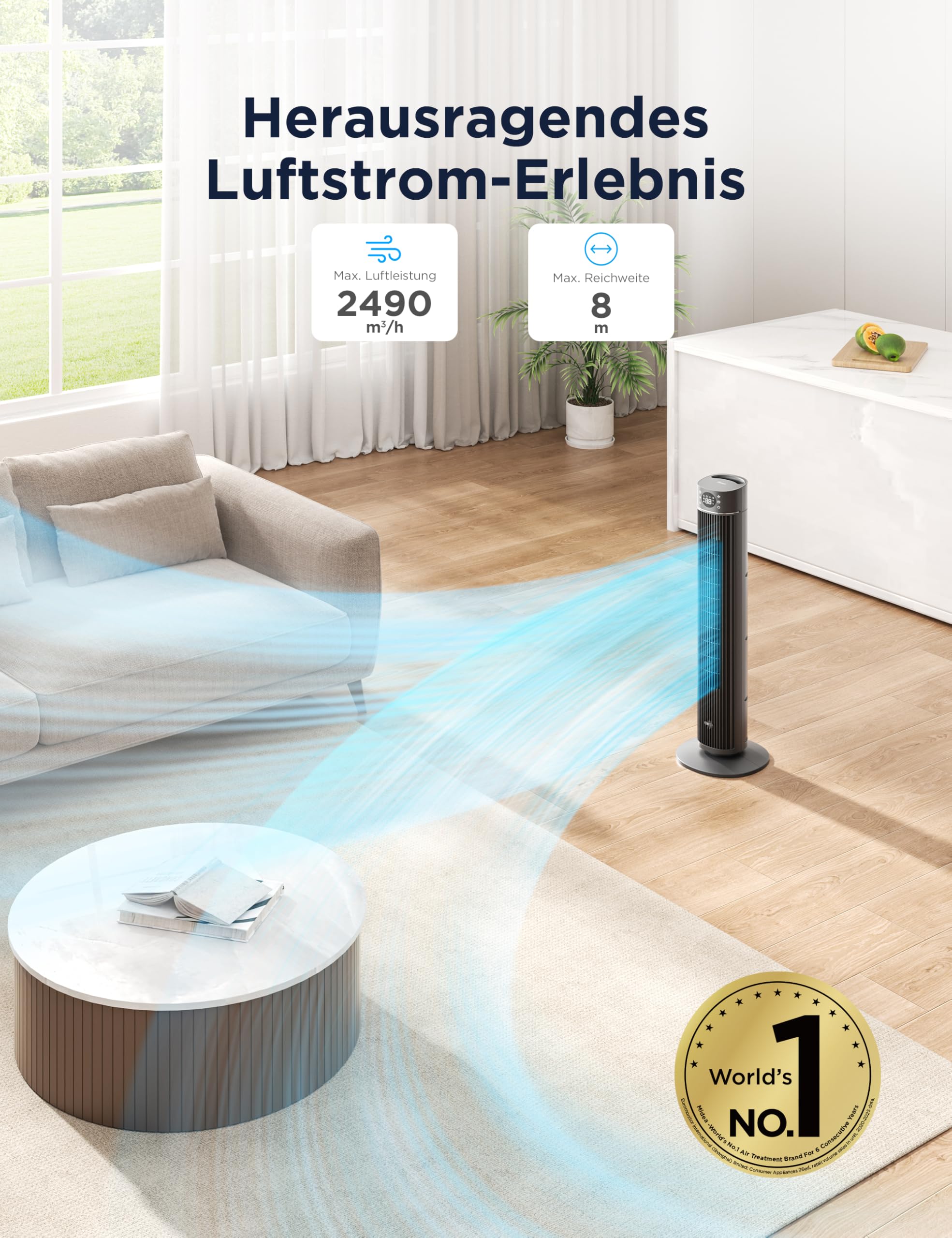 Midea FZ10-26ARDW Smart Turmventilator, 19 dB flüsterleise, DC-Motor, 4 Modi & 12 Stufen, 24h Timer, App-Steuerung, Schwarz, 105cm