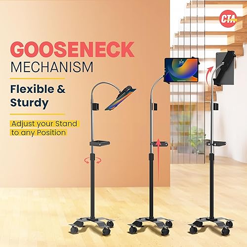 Miniatura 6 de Soporte de suelo móvil – CTA compacto, soporte de piso de cuello de cisne ajustable con mango y ruedas giratorias para iPad Gen 7-10, iPad Air 4,