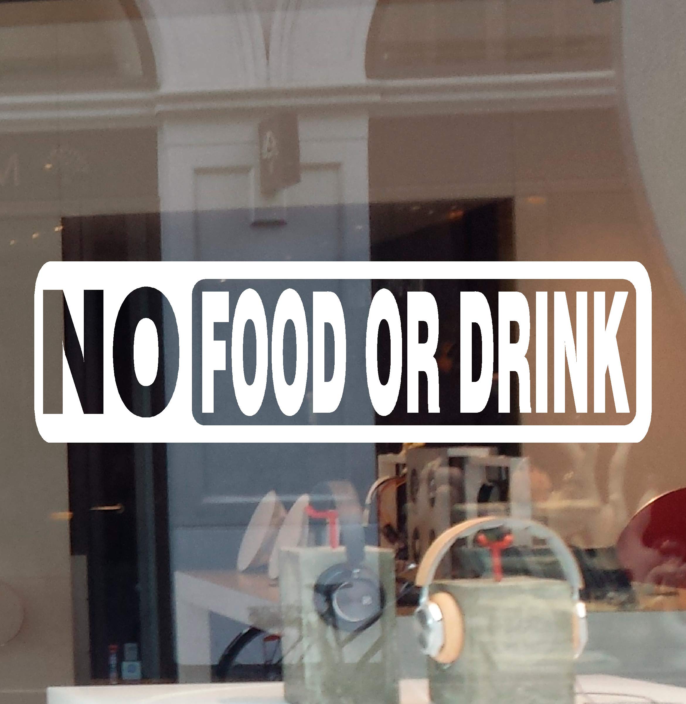 JBY GraphicsNo Food or Drink Business Sign Decal Vinyl Sticker Door Window Retail Store Office Restaurant School Building (Black, 8.5" W X 2.5" H)
