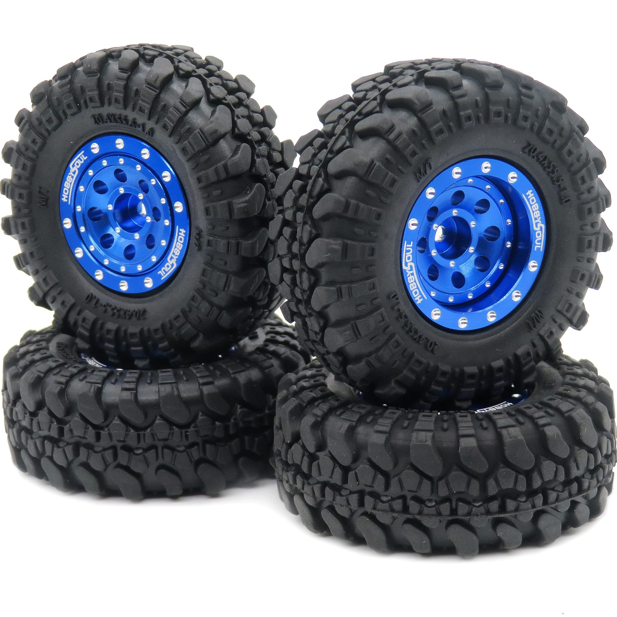 hobbysoul 1/24 Reifen montiert auf schweren verstellbaren Offset 1,0 Beadlock Rädern blau, 7mm Sechskantfelgen 1,0 Beadlock-Räder und Reifen für 1/18 TRX4M 1/24 RC Crawler Axial SCX24, (4er-Pack)