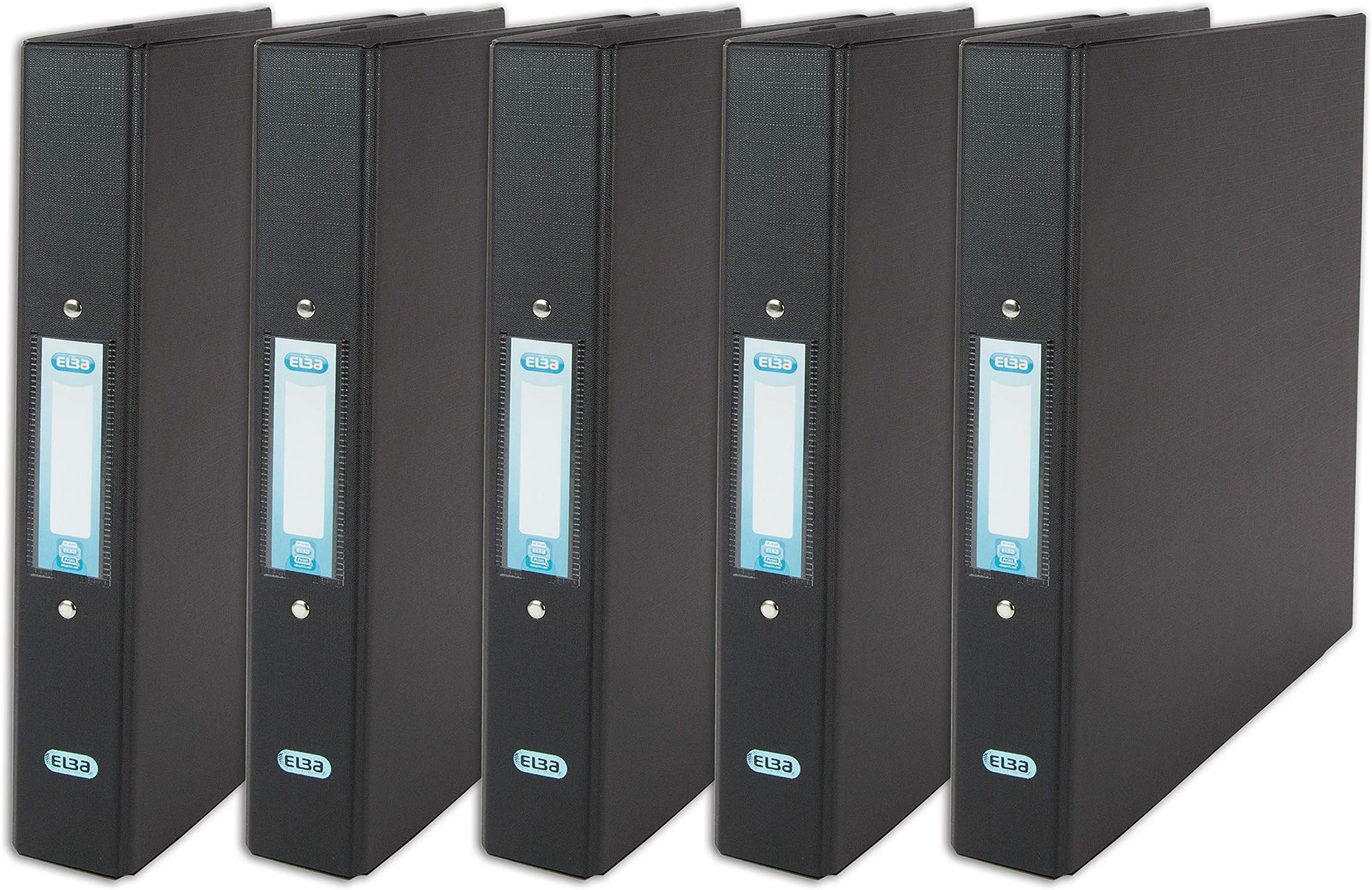 Elba A4 Black Ring Binders, 35mm Spine, 250 sheet Capacity, Plastic on Board, 5-Pack for Office, School and Home Organisation