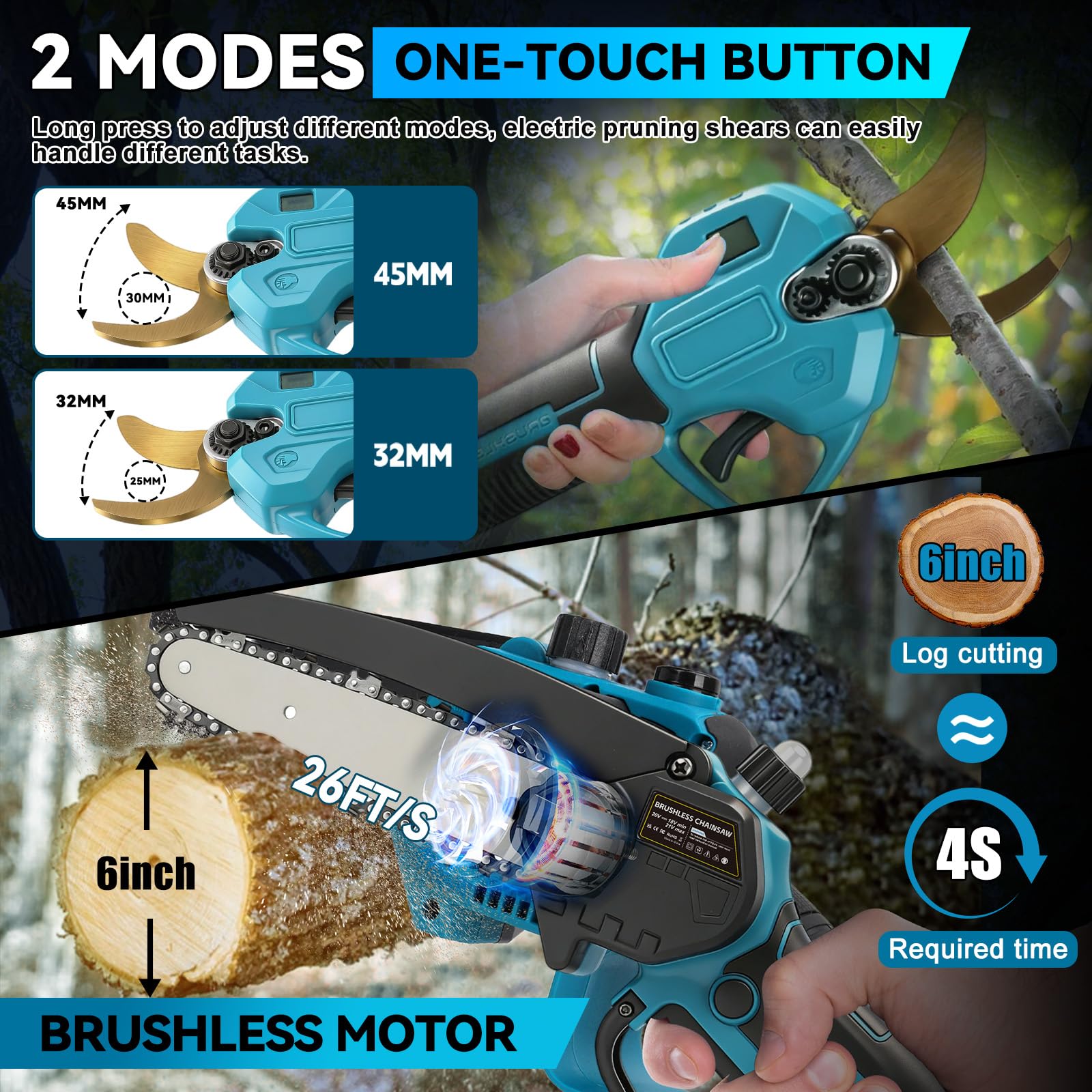 Tijeras de podar eléctricas y motosierra de 6 pulgadas 4 en 1 con batería | 21 V 4,0 A barra telescópica inalámbrica para Makita 18 V motor sin escobillas tijeras eléctricas para árboles frutales