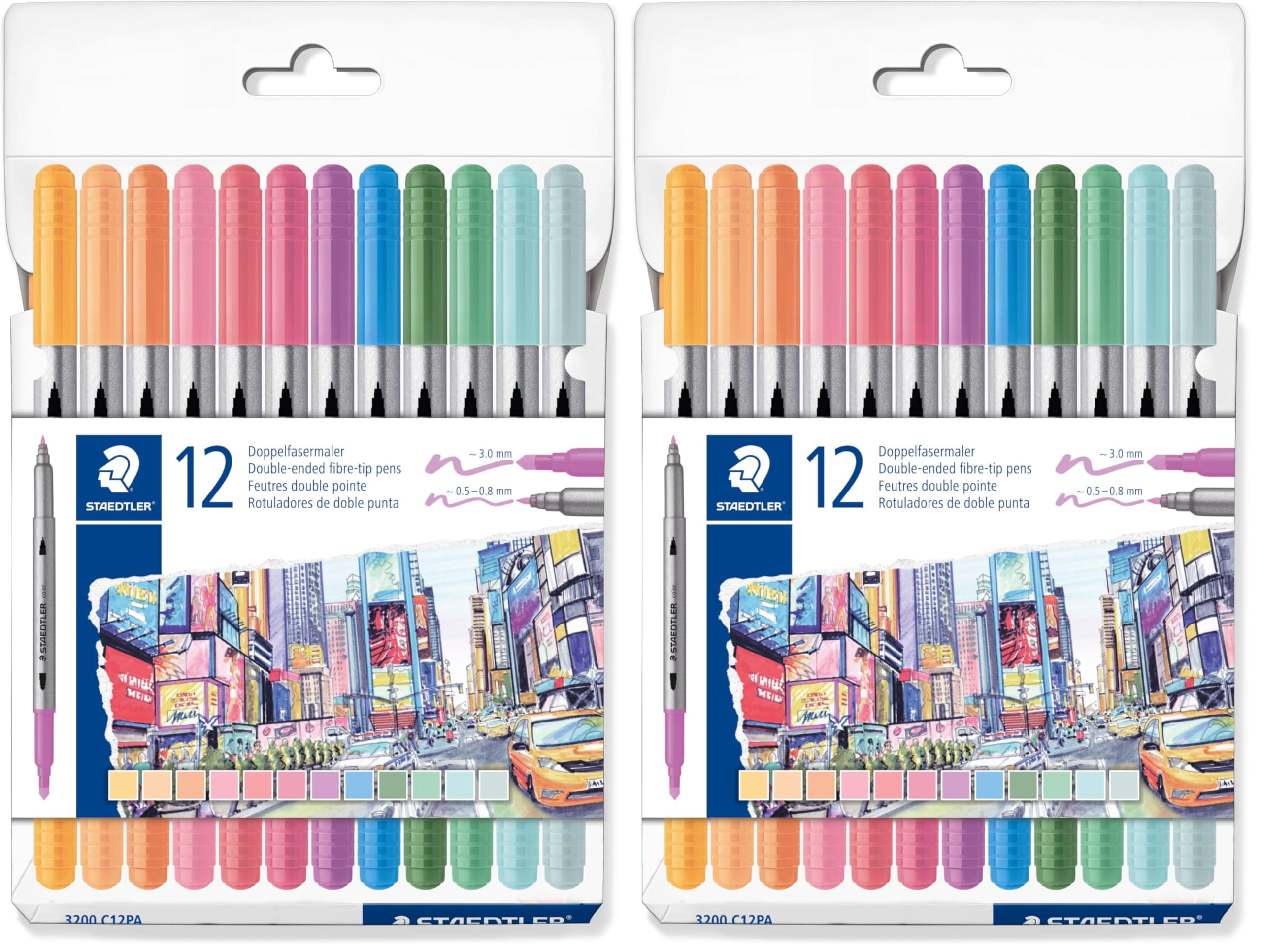 STAEDTLER Rotuladores para colorear Design Journey - Doble extremo, ancho de trazo de 0,5-3,0 mm, 12 colores pastel surtidos, paquete de 24, 3200 C12PA