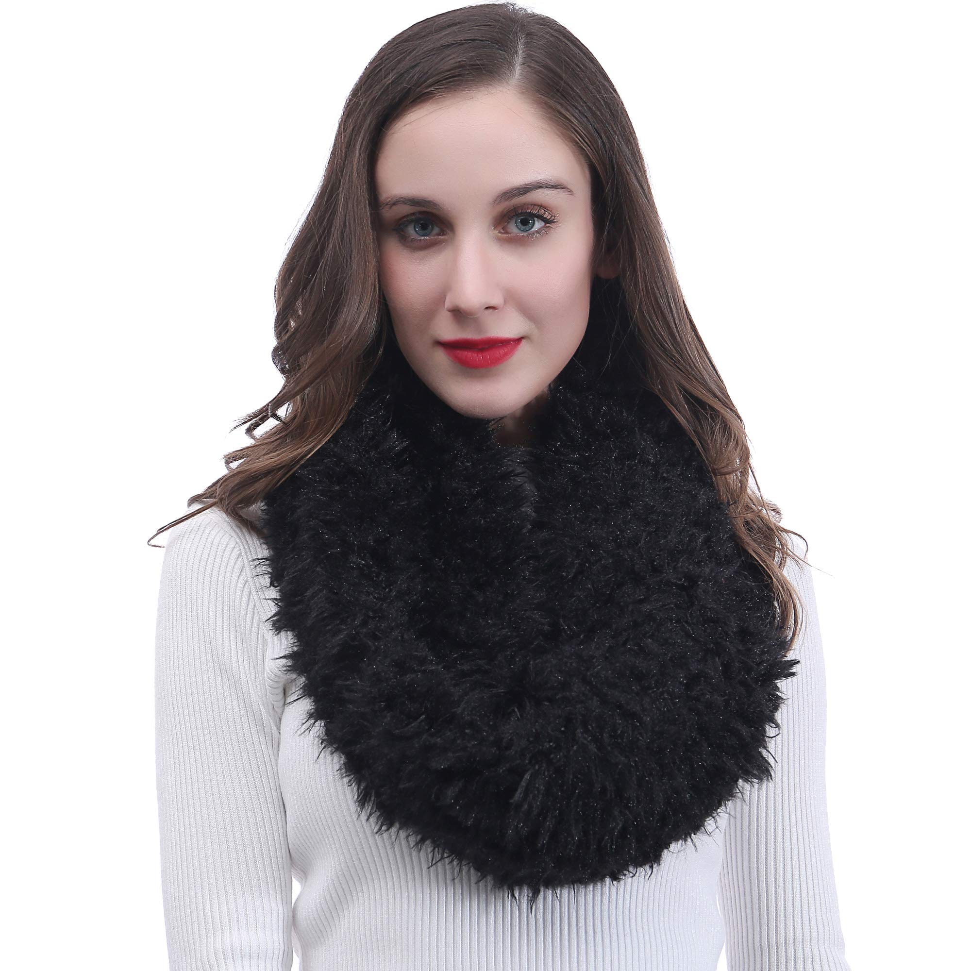 Lina & Lily Women's Black Infinity Tube Winter Scarf Snood Faux Fur Fluffy (Black)