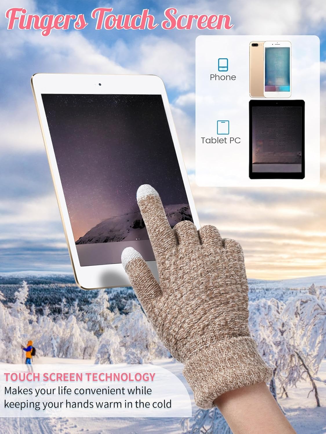 4 Pcs Winter Hat and Gloves for Women Fleece Lined Knit Beanie Touchscreen Gloves Warm Skull Hat Set for Cold Weather(Mixed Black White, Khaki) - Image 4