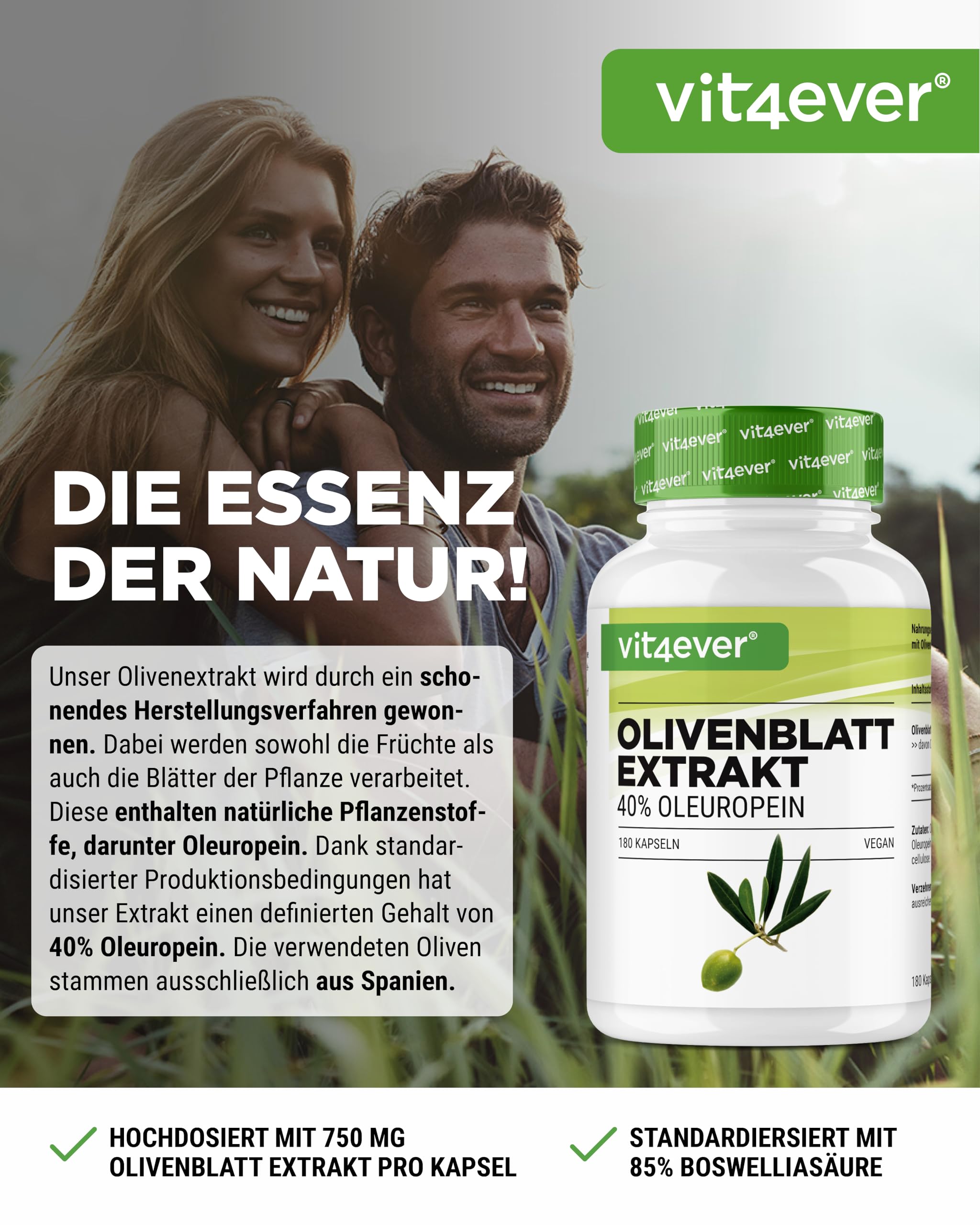 vit4ever Olivenblatt Extrakt - 180 Kapseln mit je 750 mg - 40% Oleuropein entspricht 300 mg - Hochdosiert - Vegan - Premium Qualität - ohne unnötige Zusätze