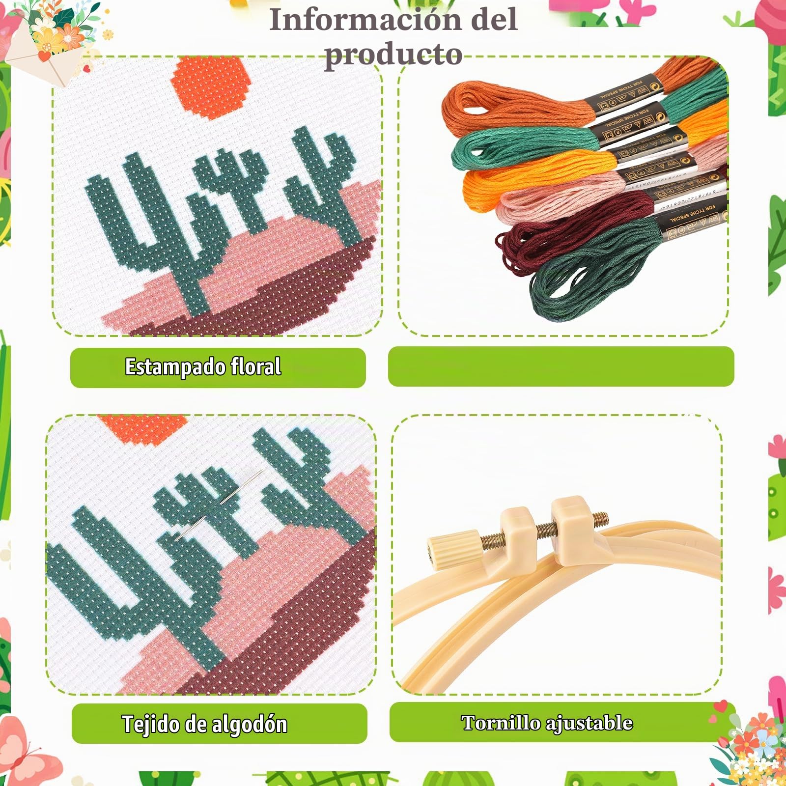 JSRQT 6 Piezas Kit de Punto Cruz de Paisaje Bohemio para Principiantes Adultos, Kit de Inicio Bordado Artesanal para Amantes Manualidades Decoración del Hogar, con 2 Aros de Bordado y Herramienta
