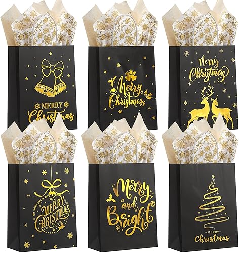 Bolsas de regalo de Navidad, 24 unidades, bolsas de Navidad a granel para regalos con papel de seda de copo de nieve, 6 estilos de papel de aluminio