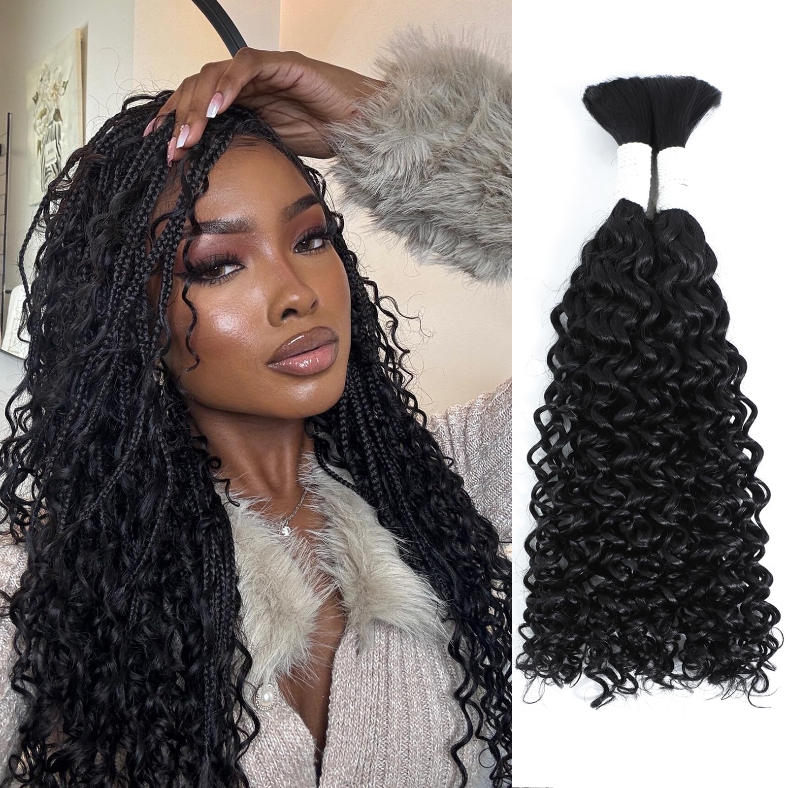 Coolbeeza Curly Human Braiding Hair 16 Inch Water Wave Bulk Human Hair for Braiding 12A Brazilian Virgin Curly Hair for Boho Braids Wet and Wavy No