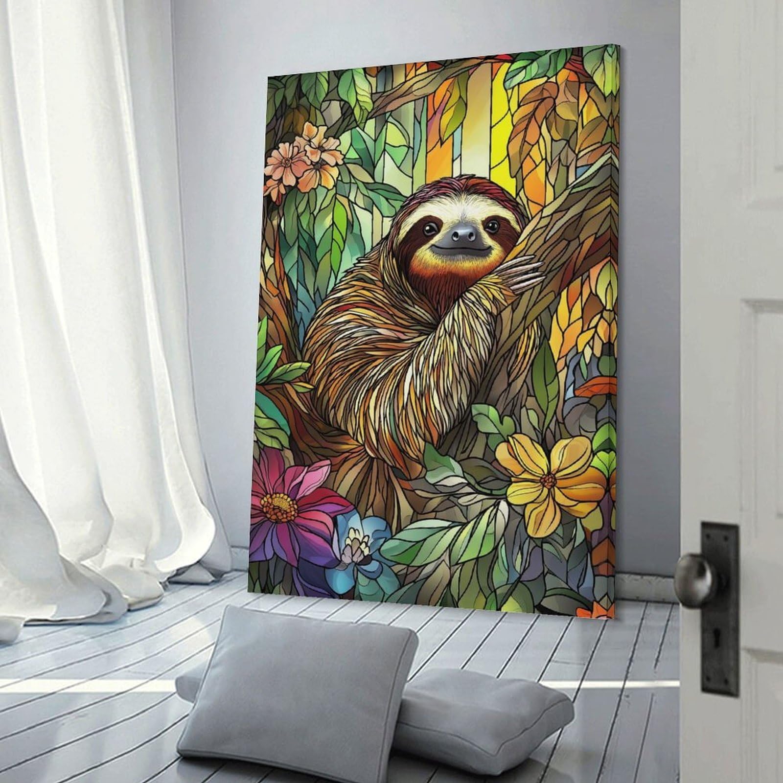 Junmoney Sloth in Jungle Stained Glass Canvas Wall Decor, 24x36inch(60x90cm), for Wall Displays, Bedrooms Or Room Updates, Wall Decor Suited to Curated Displays