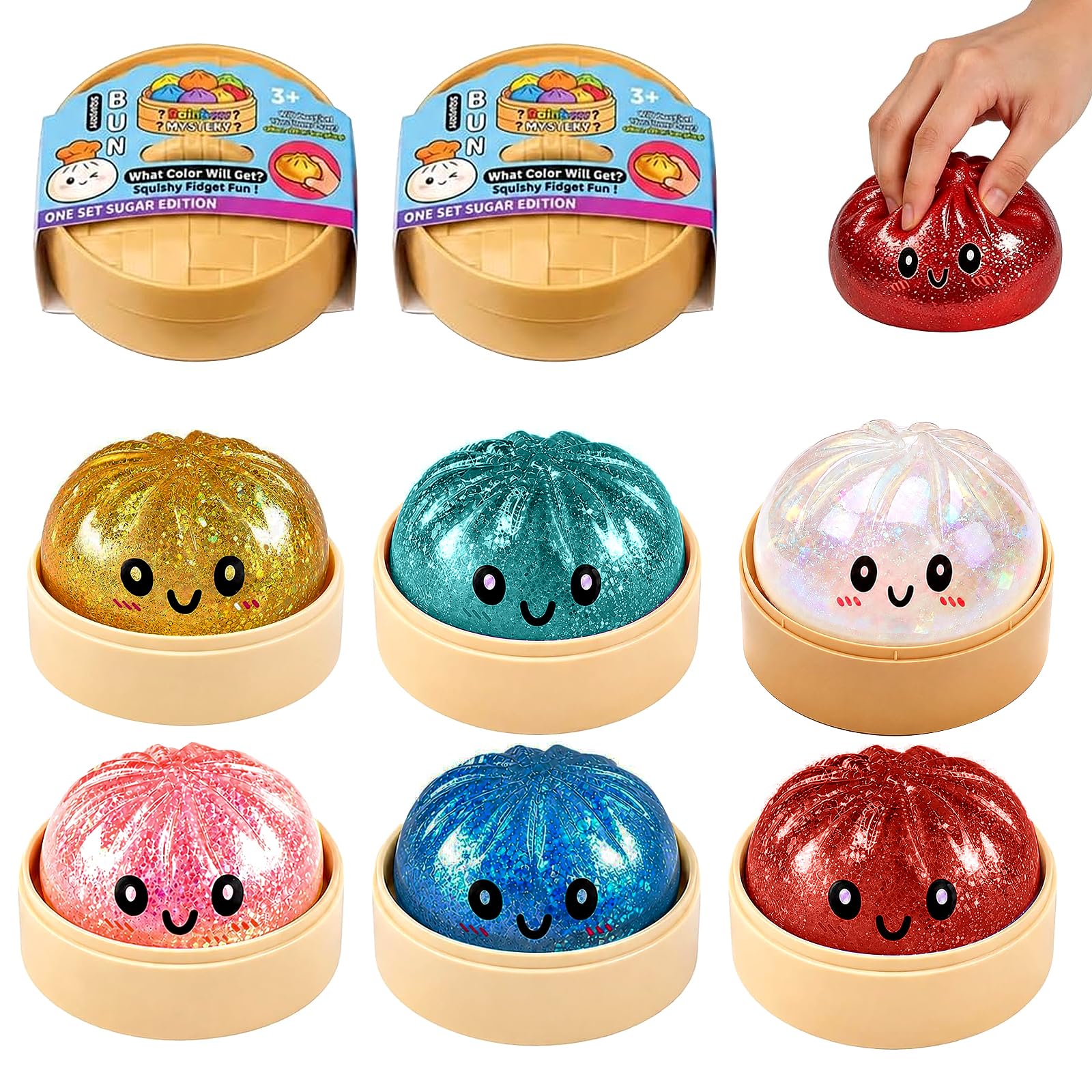 Dumpling Squishies 2026, Squishiest Bun Dumplings with Steamer Box Glitter Dumpling Dampfgarer, Mystery Dumplings Trend mit Box Geschenkidee für Kinder und Erwachsene (Zufällig)