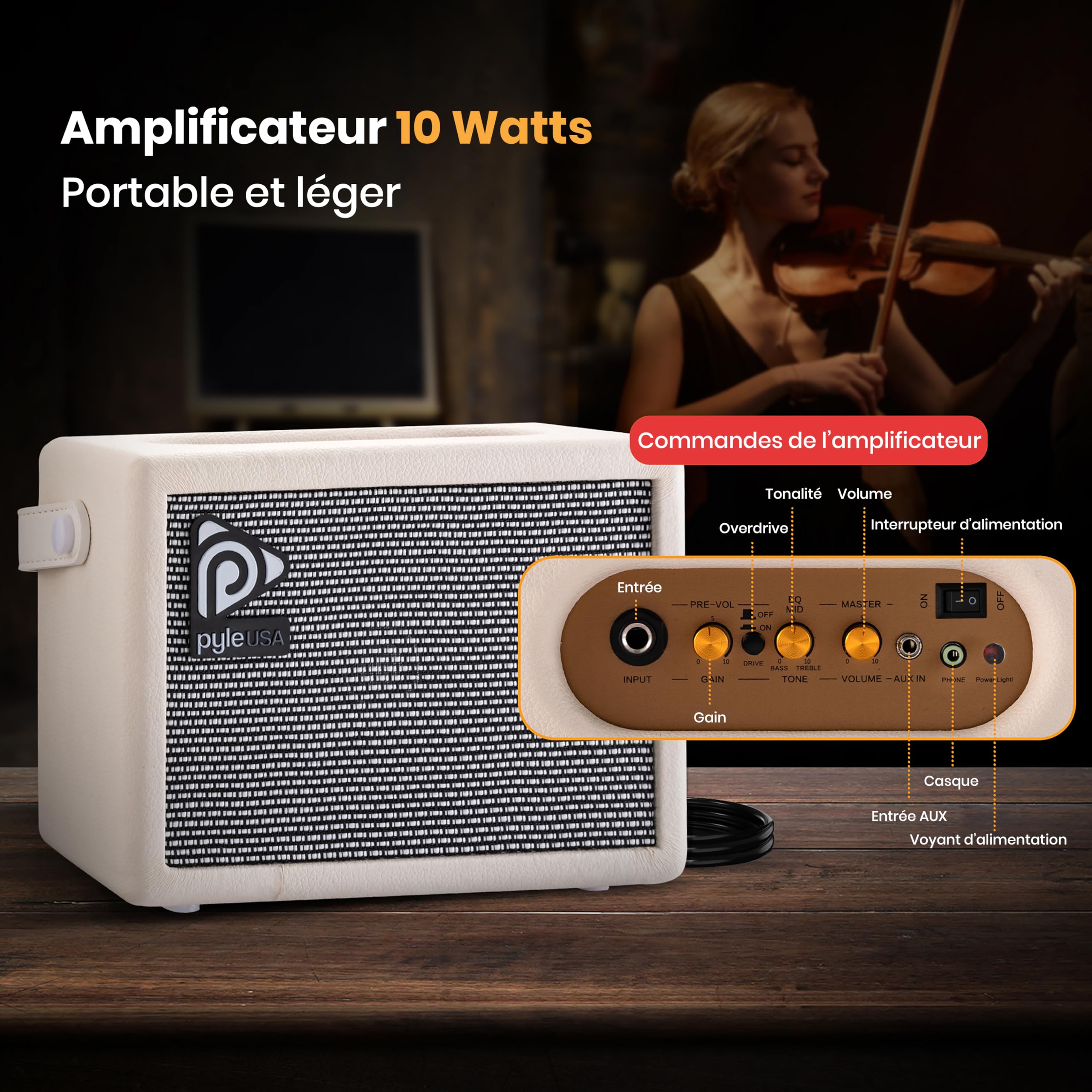 Pyle Violon 4/4 Adulte Électronique Silencieux avec Kit Amplificateur – Violon en Bois Massif avec Amplificateur 10W et Accessoires Complets-Instrument à Cordes Orchestral Taille Complète