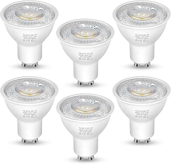Flaspar GU10 LED Spotlight Bulbs, 7W GU10 LED Bulbs Daylight White 6000K, 60W Equivalent, 38  Narrow Beam Angle, 600LM Energy Saving LED Bulbs, Not-Dimmable, 6Pack [Energy Class F]