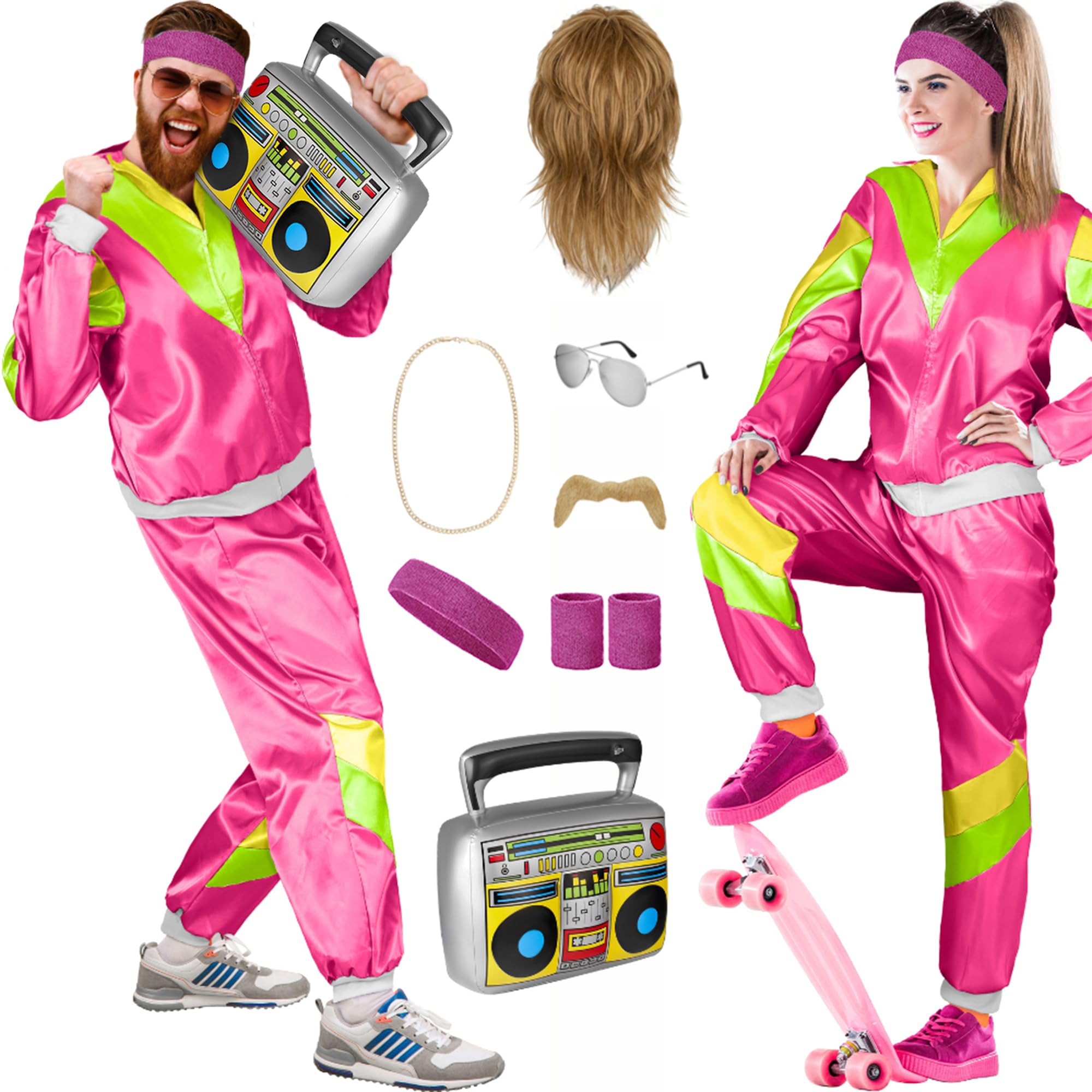 Balinco 80s Outfit Women/Men, Tracksuit Carnival Costume Set, Mullet Wig, Beard, Chain, Pilot Glasses, Sweatbands, Ghetto Blaster (Pink, Green, Yellow, S)