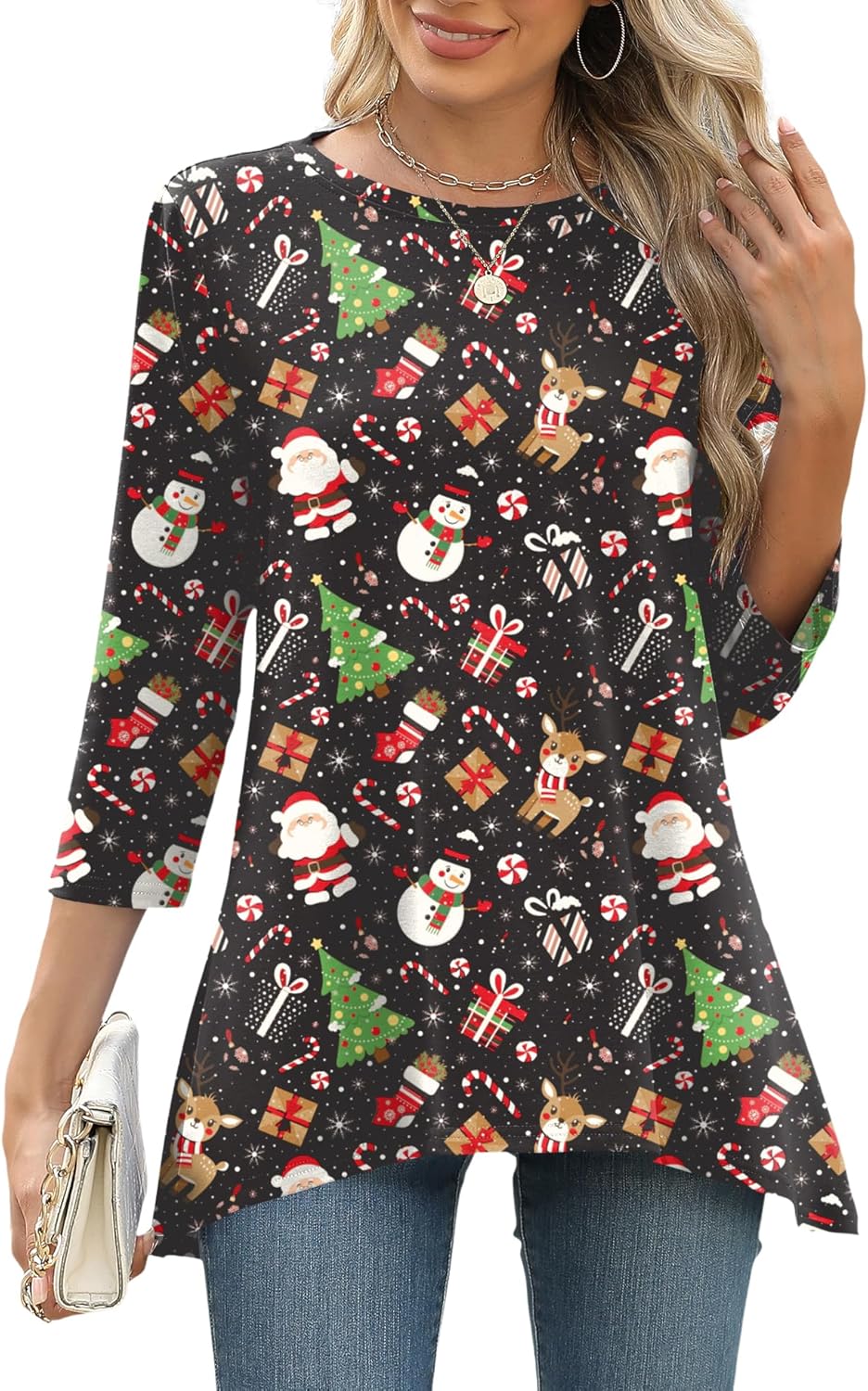 LOMON 3/4 Sleeve Tunic Tops for Women Loose Fit Dressy Casual Blouse Flowy Shirts to Wear with Leggings S-3XL