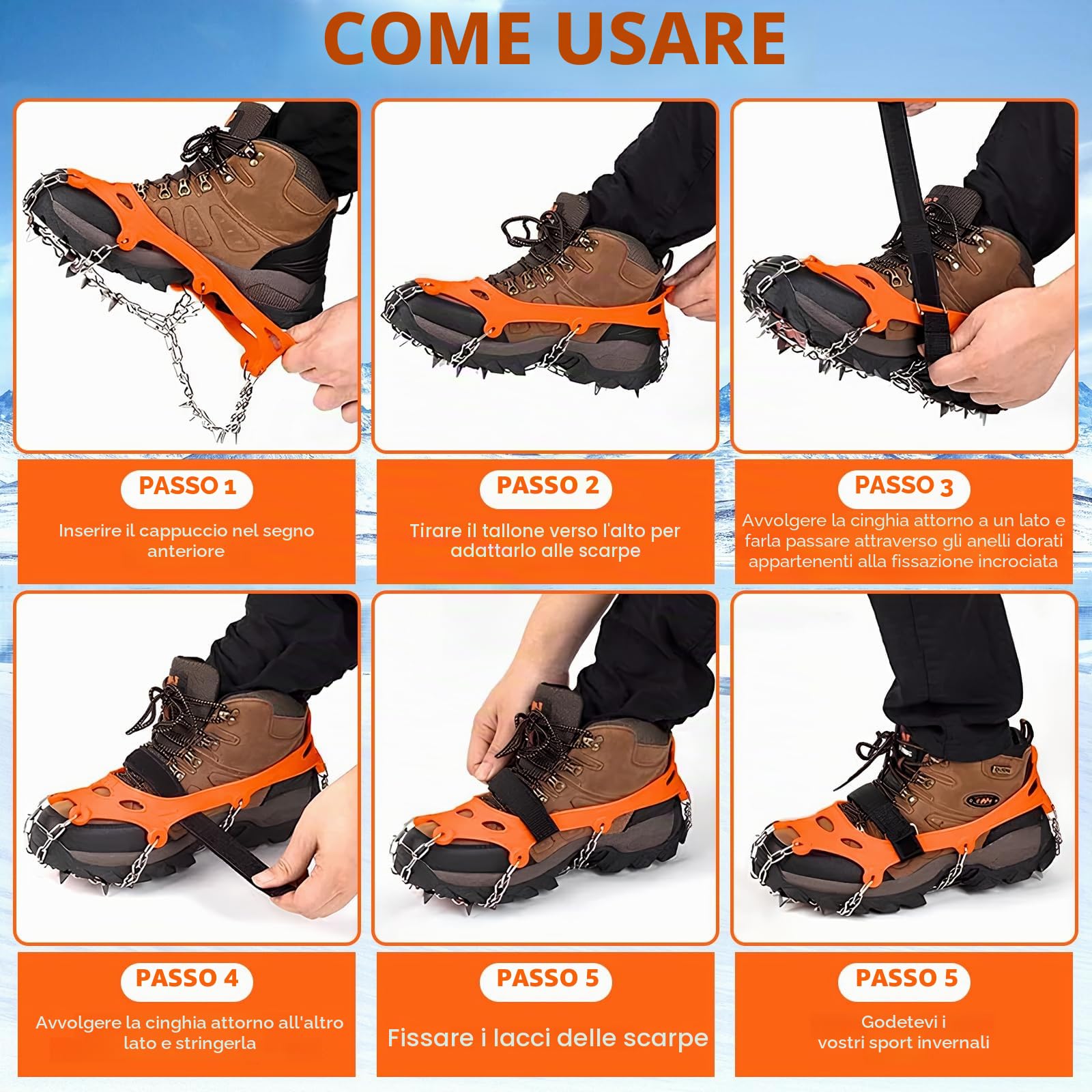 Ramponi per Scarponi,Ramponi da Ghiaccio per Scarponi,24 Denti,Portatile Ramponcini,per trekking invernale,Trekking Trail Running da Antiscivolo,Camminare su Neve e Ghiaccio Campeggio
