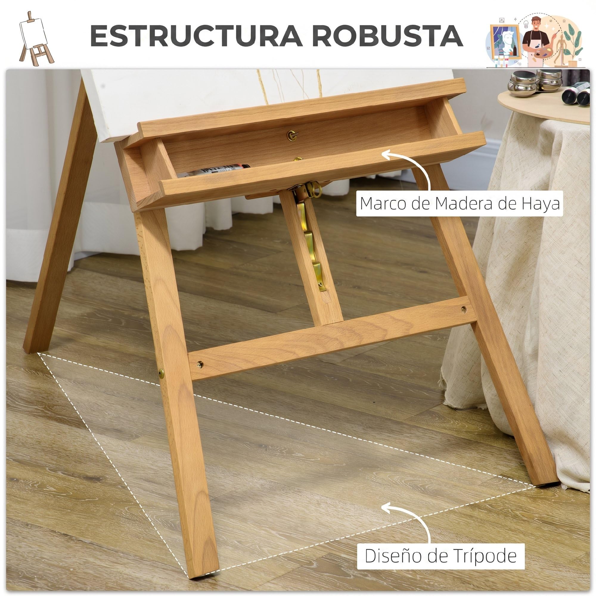Vinsetto Caballete de Pintura Plegable 235 cm Estante Inferior Natural | Caballete de Madera, Altura y Ángulo Ajustable, para Adultos Artistas Pintor Estudiantes