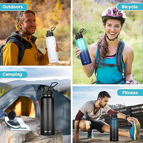 Miniatura 7 de Botella de agua aislada con popote y 3 tapas, botellas de agua de acero inoxidable de 40 onzas, botella de agua deportiva de metal de doble pared,