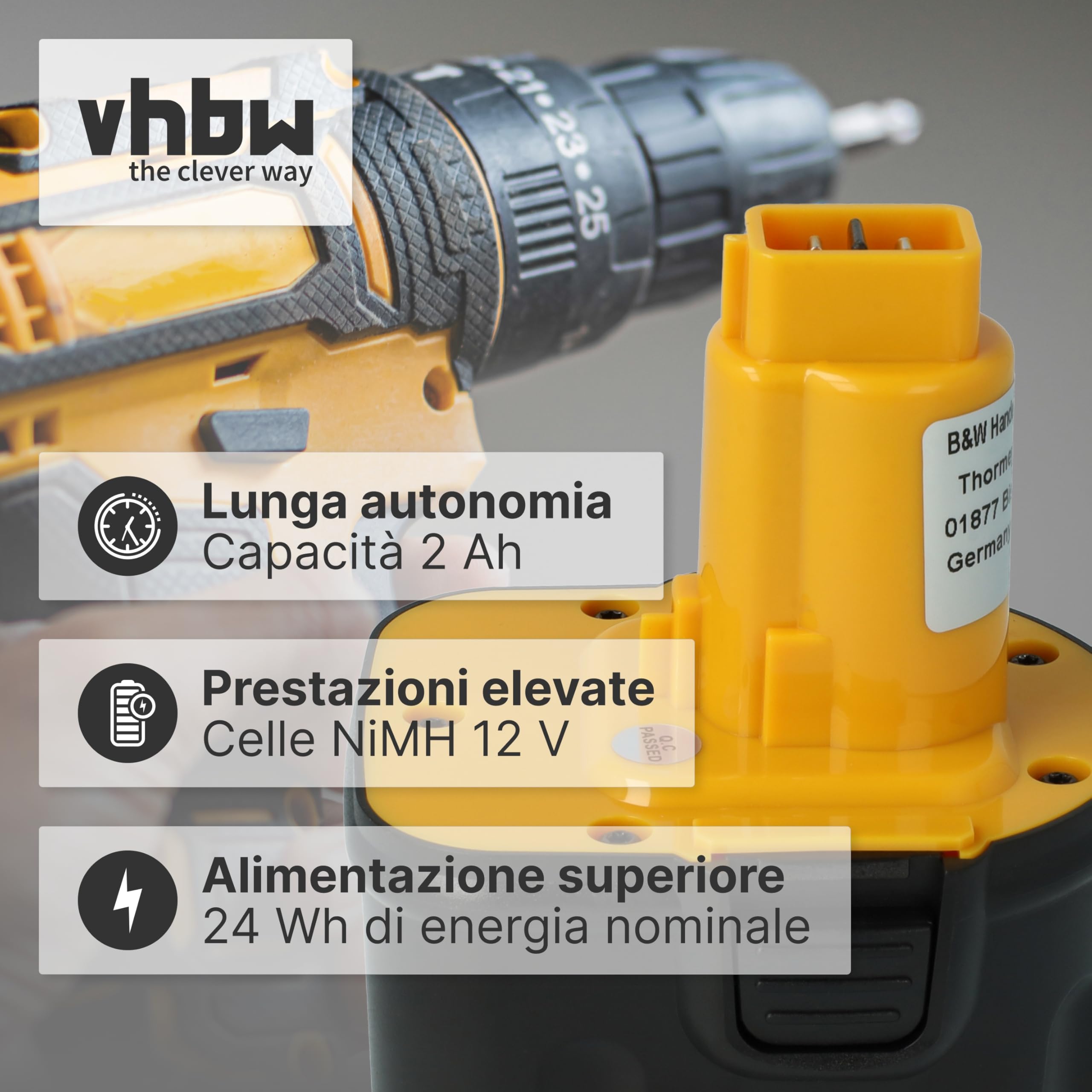 vhbw 1x batteria compatibile con Black & Decker CD12CB, CD12CBK, CD12CAB, CD12CAH, CD120GK2, CD12C, CD12CA utensile elettrico (2000 mAh, NiMH, 12 V