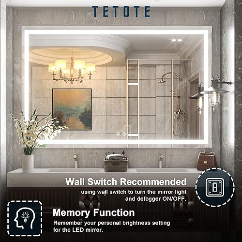 Miniatura 5 de TETOTE Espejo de baño LED de 60 x 40 pulgadas espejo de baño con luces LED espejo de tocador para dormitorio espejo de maquillaje regulable antivaho