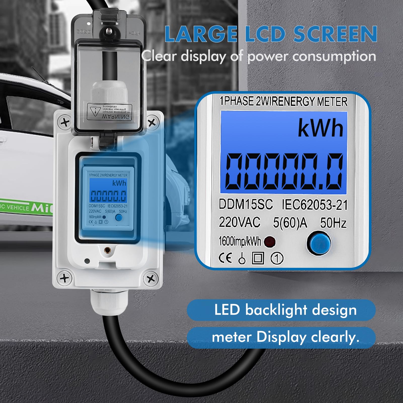 220 V mobiele digitale stroommeter, mobiele outdoor KWH-meter met FI