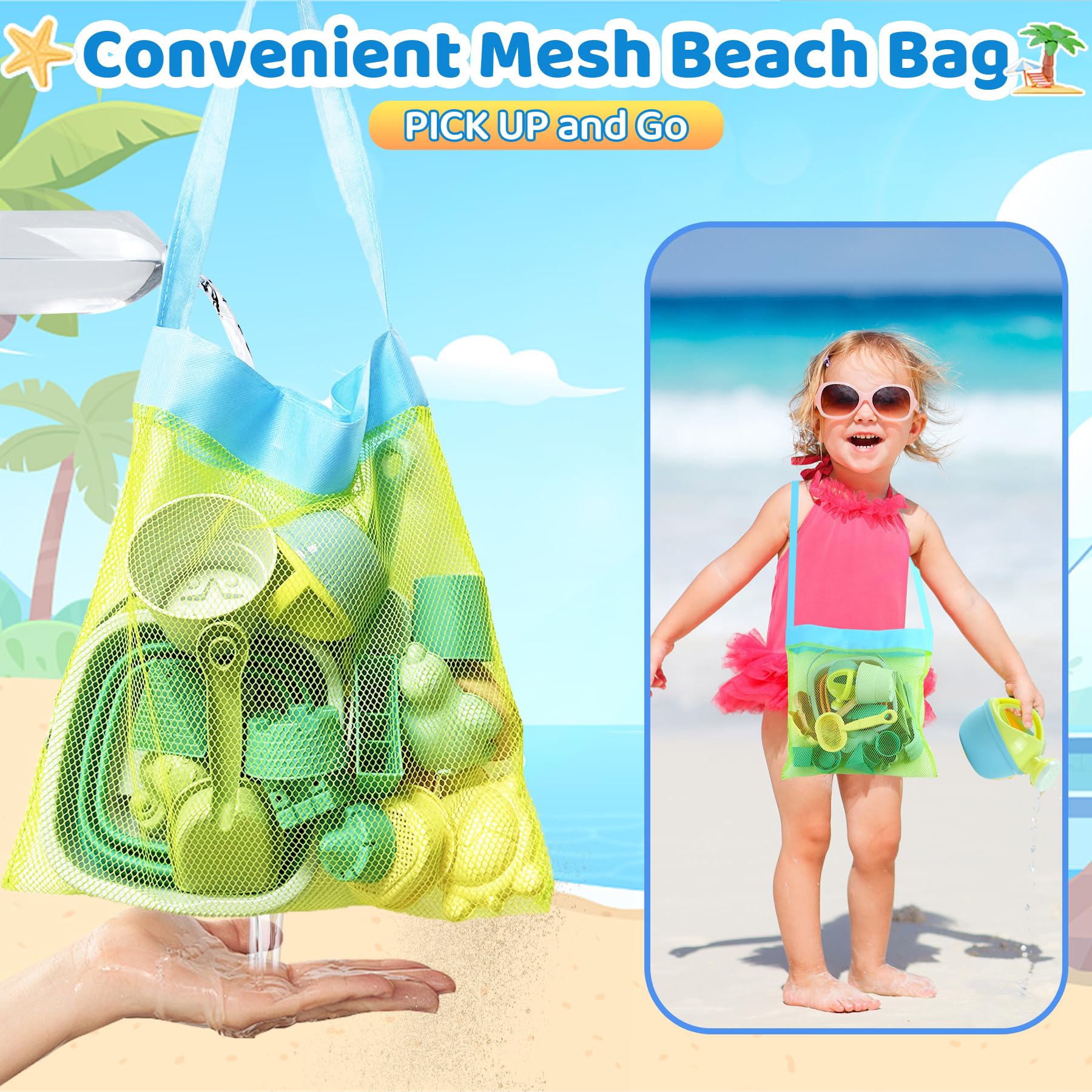 VEEKAY Jouet de Plage Enfant,Kit de Jeu de Plage Enfant avec Seau Pliable Enfants,18 pièces Jouet de Sable,avec Sac en Filet,Roue À Eau, Pelle Râteaux Moules à Sable Jouets de Plage pour Enfants