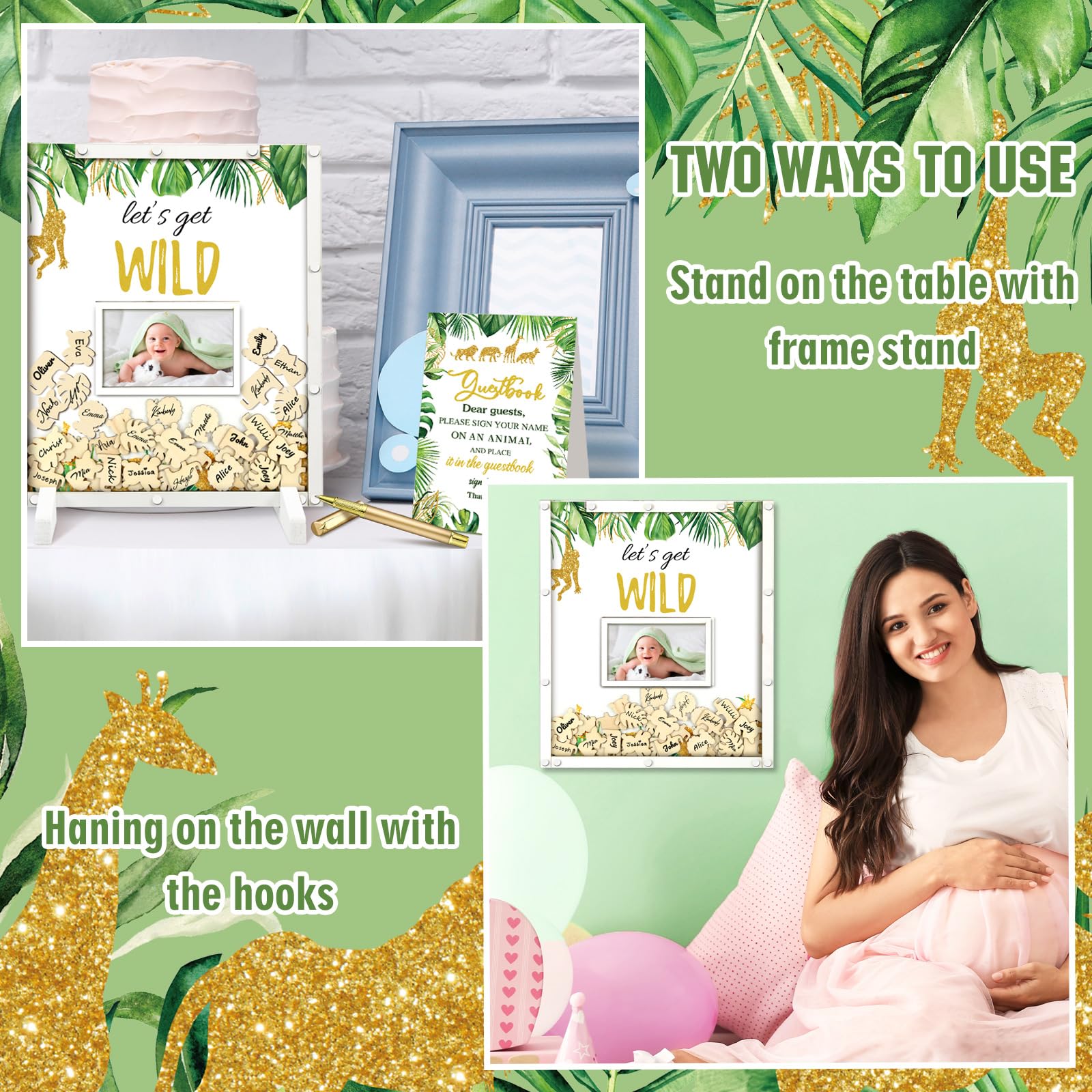 Beeveer 65 piezas de libro de invitados para baby shower, revelación de género, decoración de baby shower, letrero en libro de invitados con marco de fotos y 60 virutas de madera para suministros de