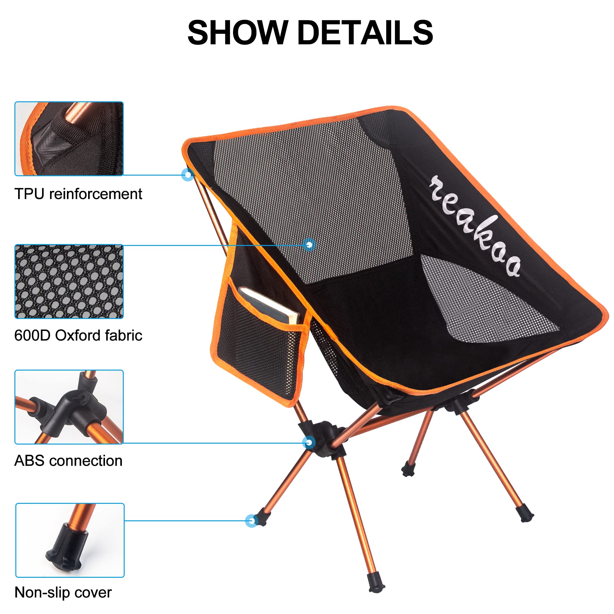 reakoo Sedie Campeggio Pieghevoli, Set da 2 Leggera Sedia da Campeggio, Sedia Pieghevole Portatile con Custodia Laterale, per Esterni, Picnic, Spiaggia, Giardino, Pesca, Festival