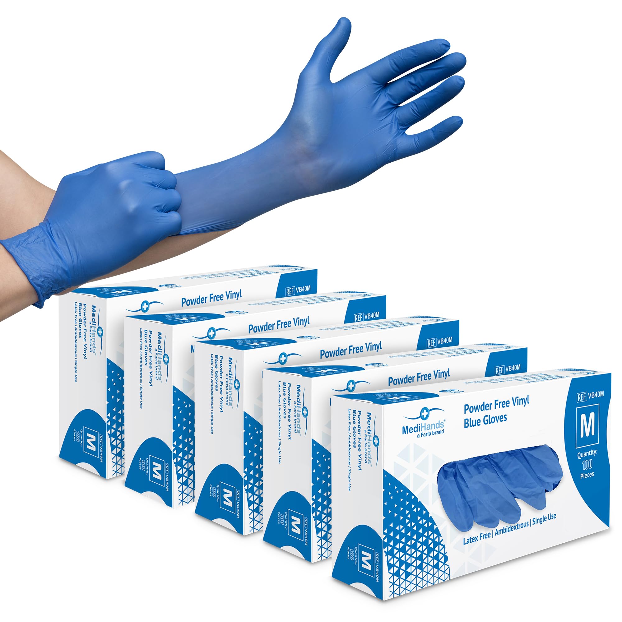 MediHands Vinyl Gloves - Disposable Vinyl Gloves Medium - Powder Free, Latex Free, & Protein Free Blue Gloves - Multi-Purpose, Single Use - Box of 500