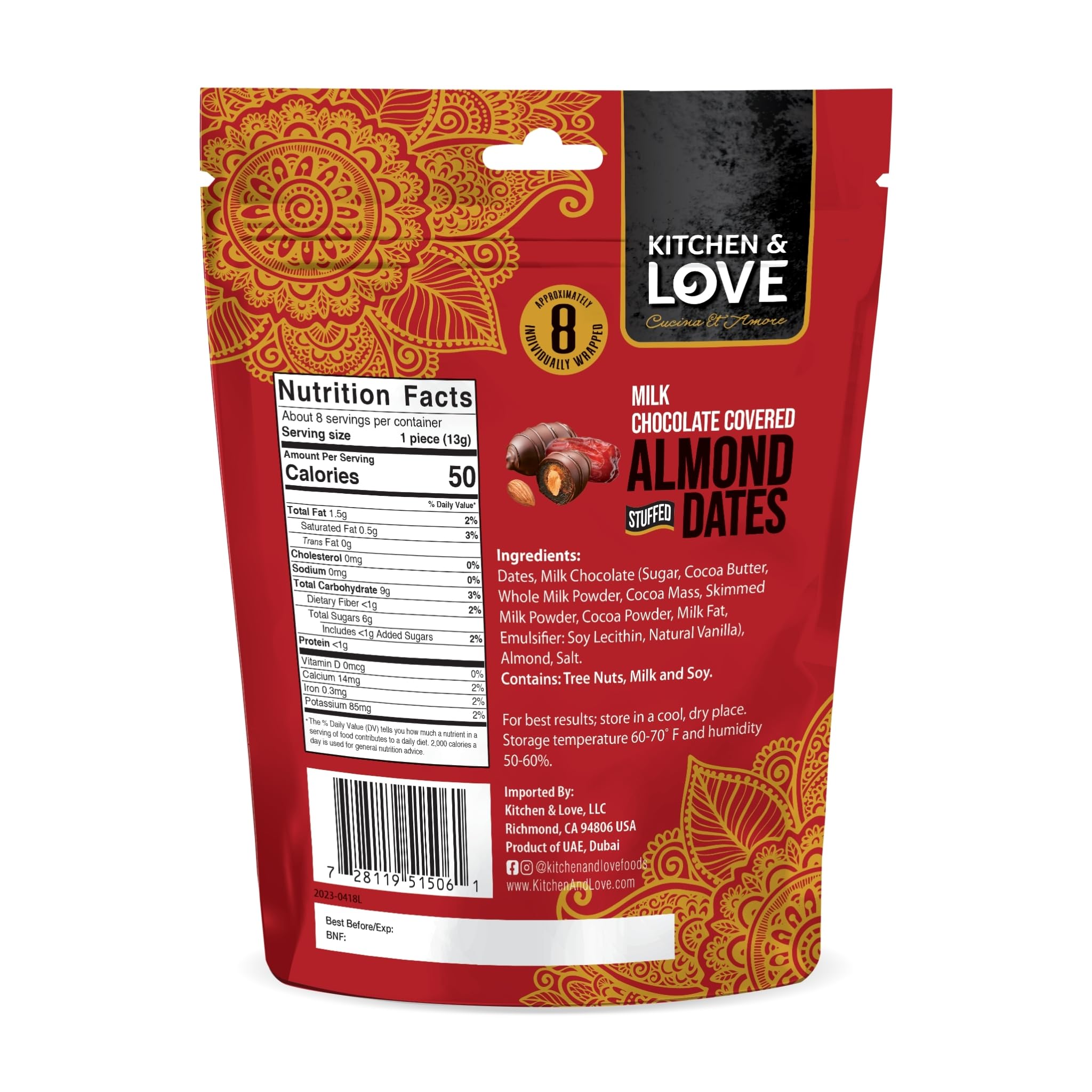 Kitchen & Love Milk Chocolate Covered Almond Stuffed Dates in a Convenient Resealable Pouch, 8 Individually Wrapped Pieces, Healthy Snack, 3.5 oz pouch (Pack of 4)