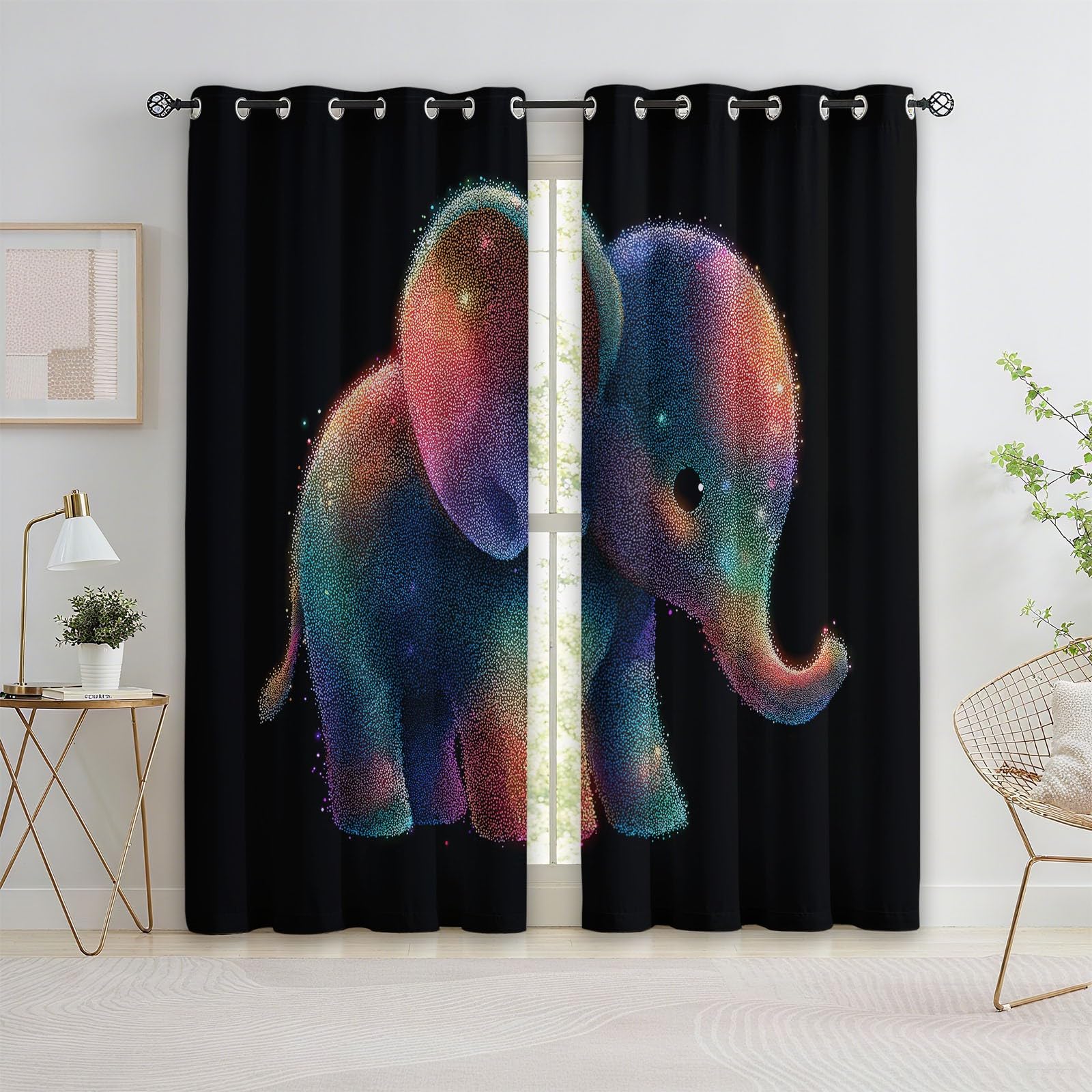 Genérico Cortinas de Ventana con Estampado de Lindo Dibujo Animado Arcoíris Elefante Bebé, 2 Piezas Negro Cortina Opacas con Ojales para Sala de Estar y Dormitorio - 140 x 260 cm (An x Al)