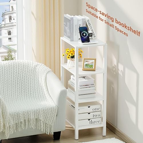 Miniatura 5 de Estantería de madera de 4 niveles alta con almacenamiento, estantería blanca pequeña para espacios pequeños, estante para sala de estar, oficina,