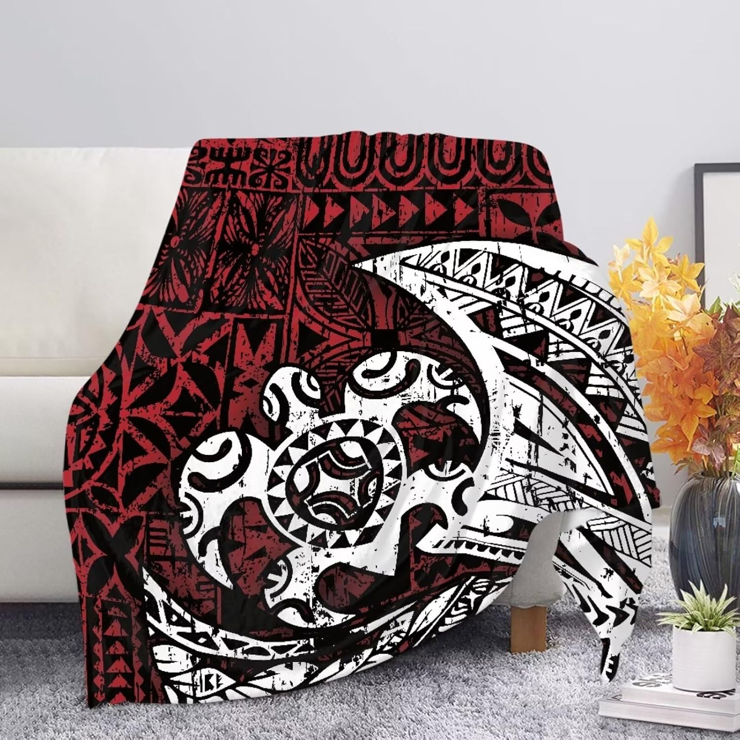 Soft Blanket, Samoa Tattoo Flower Print Blanket Throw Boho Turtle Print, Full Size Ultra-Soft Comfortable Bed Blanket Microfiber Home Decor Accessories