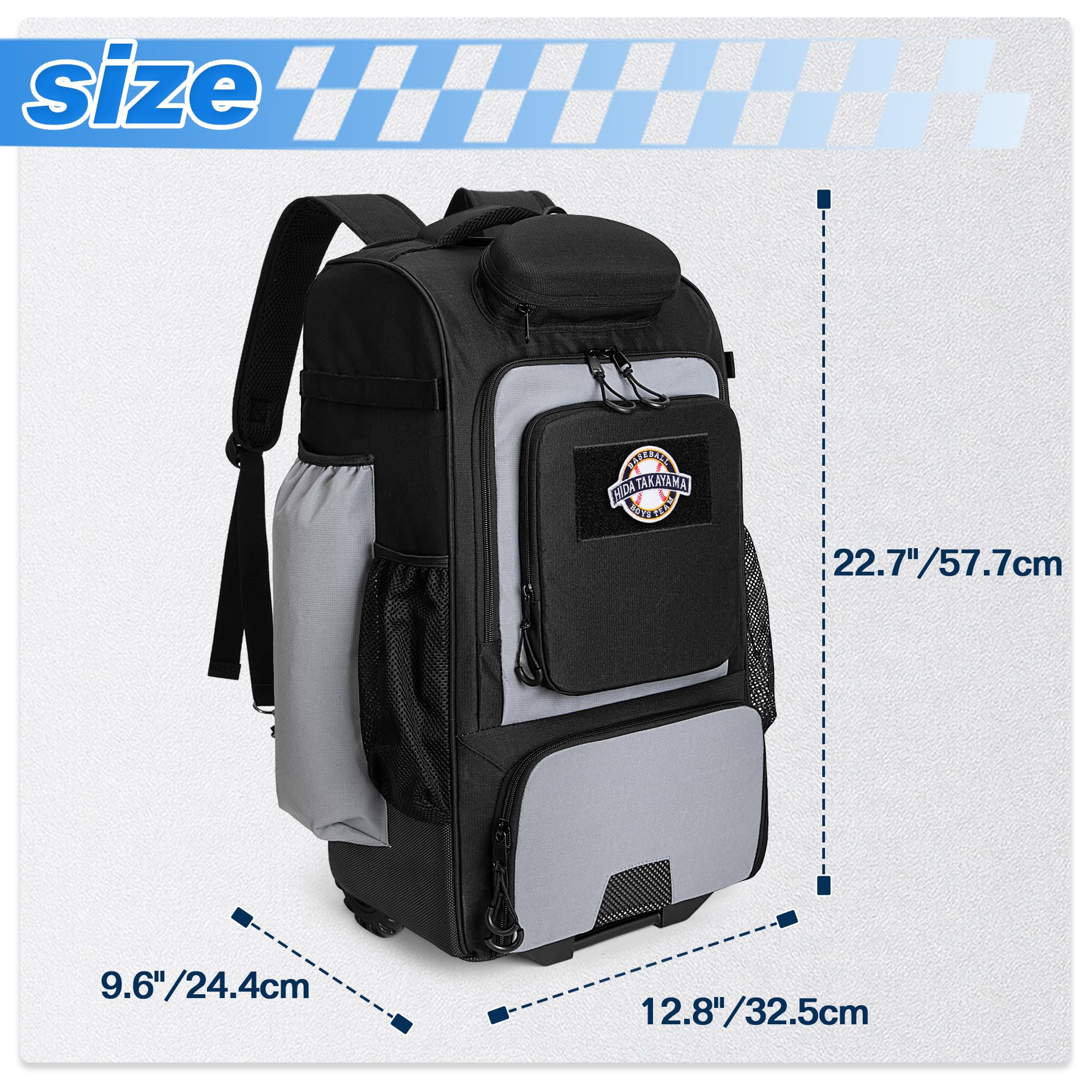 GOBUROS Baseball Rucksack mit Rollen, Softball-Ausrüstungstasche für 4 Schläger, Rollrucksack mit Schuhfach und Mehreren Taschen für Baseball Ausrüstung und Zaunhaken