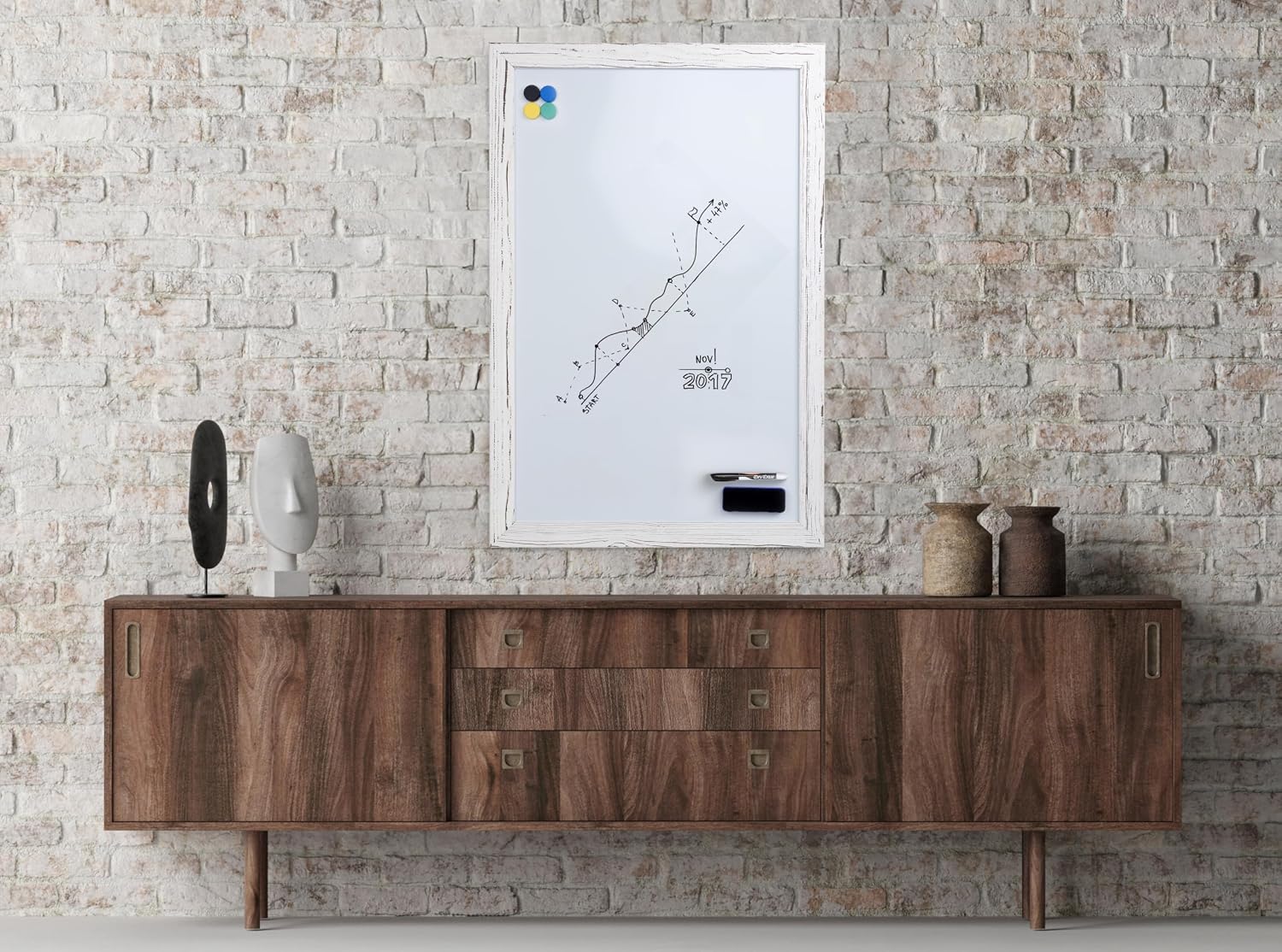 Real Wooden Framed Magnetic Dry Erase Whiteboard, 24" X 36", Vertical/Horizontal Wall Mount, Includes Black Marker, Eraser and 4 Magnets, by Better Office Products (Whitewash)