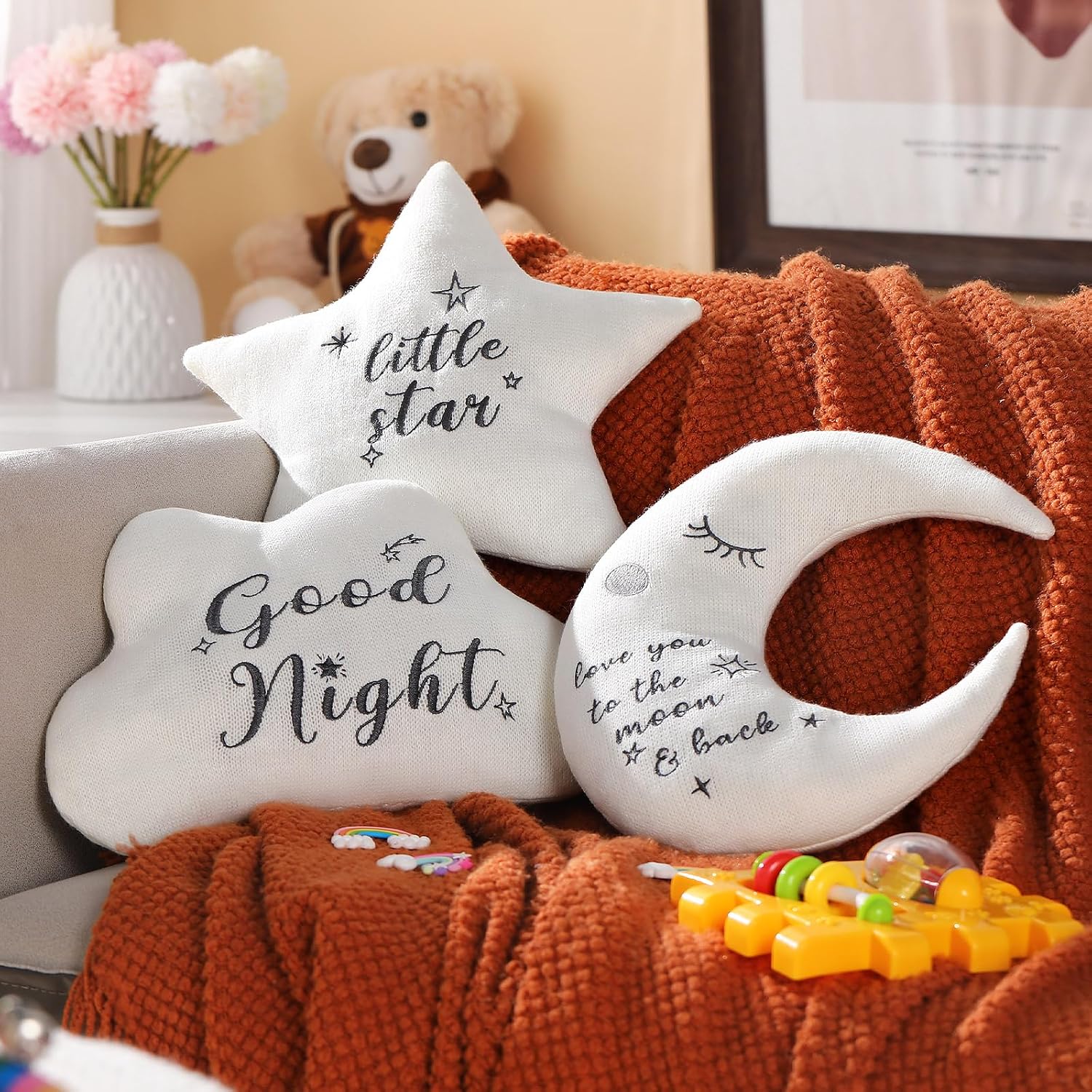 Briwooody 3 Pcs Moon Star Cloud Nursery Pillow Cute Cloud Shaped Pillow Decorative Stuffed Soft Fluffy Moon and Stars Nursery Decor for Bedroom Party Supplies