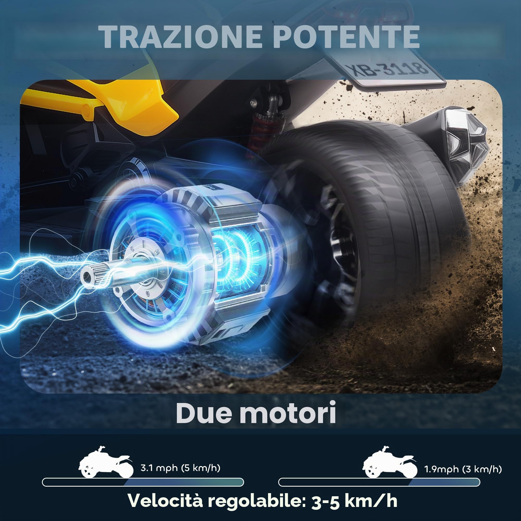 AIYAPLAY 12V Quad Elettrico per Bambini 3 Ruote 3-8 Anni Giallo | Avanti/indietro, lettore MP3, clacson, 2 velocità, luci LED, veicolo bambini 3-5 km/h.