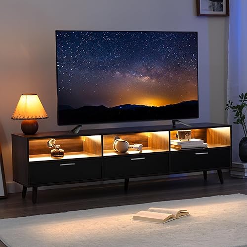 Miniatura 6 de Centro de entretenimiento de TV LED con almacenamiento, soportes de TV modernos para sala de estar, consola de TV LED de hasta 75 pulgadas, nogal