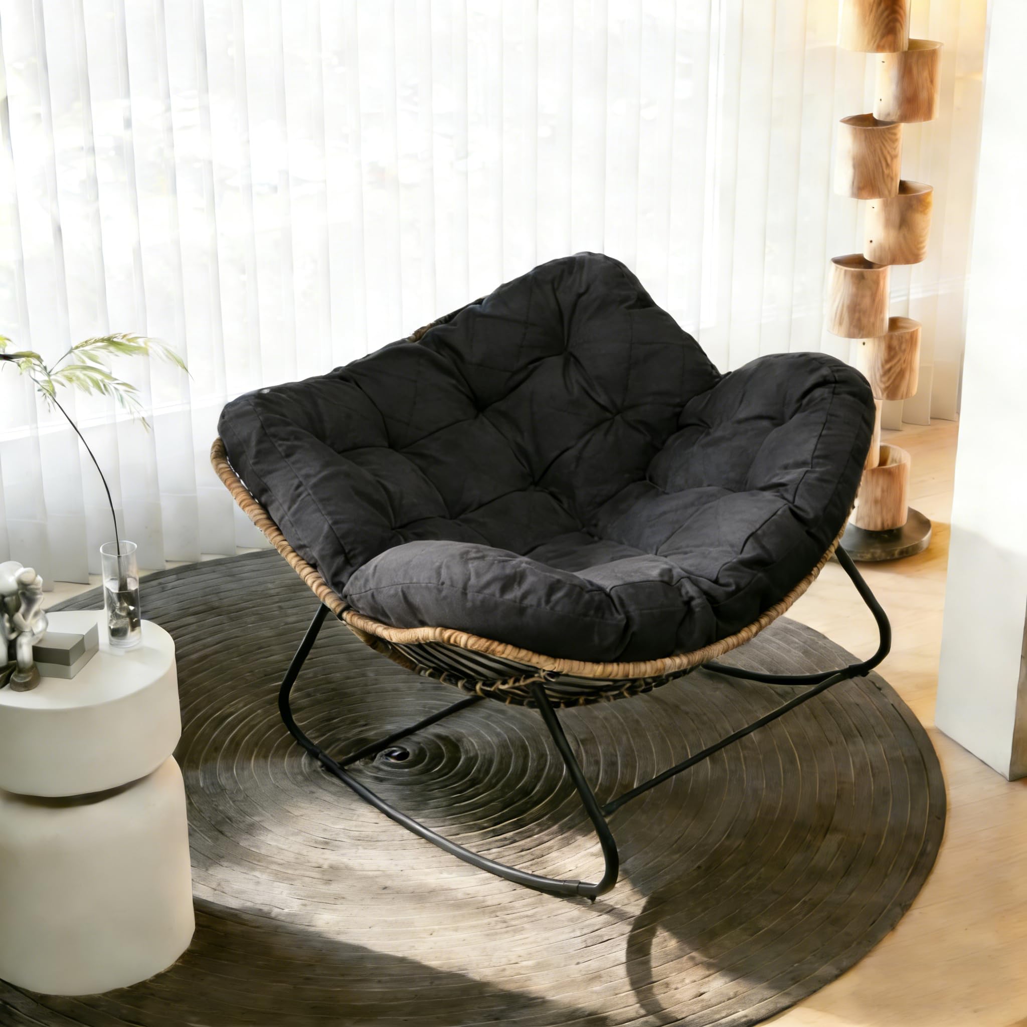 TWSOUL Mecedora para jardín, salón, relax, sillón de ratán, silla mecedora con acolchado, soporta hasta 150 kg, para jardín, dormitorio, salón, balcón (negro)