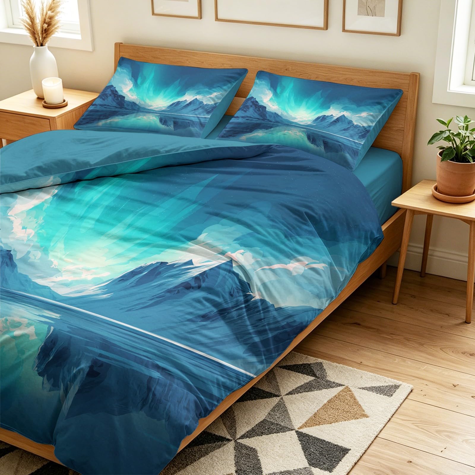 Poszwa na kołdrę Natura Krajobraz Zestaw pościeli 4 sztuki Śnieżna Góra Zorza Śnieżna, Mikrofibra Model Zestaw pościeli Aqua Blue z 2 poszewkami na poduszki i 1 prześcieradłem z gumką 240 x 220 cm