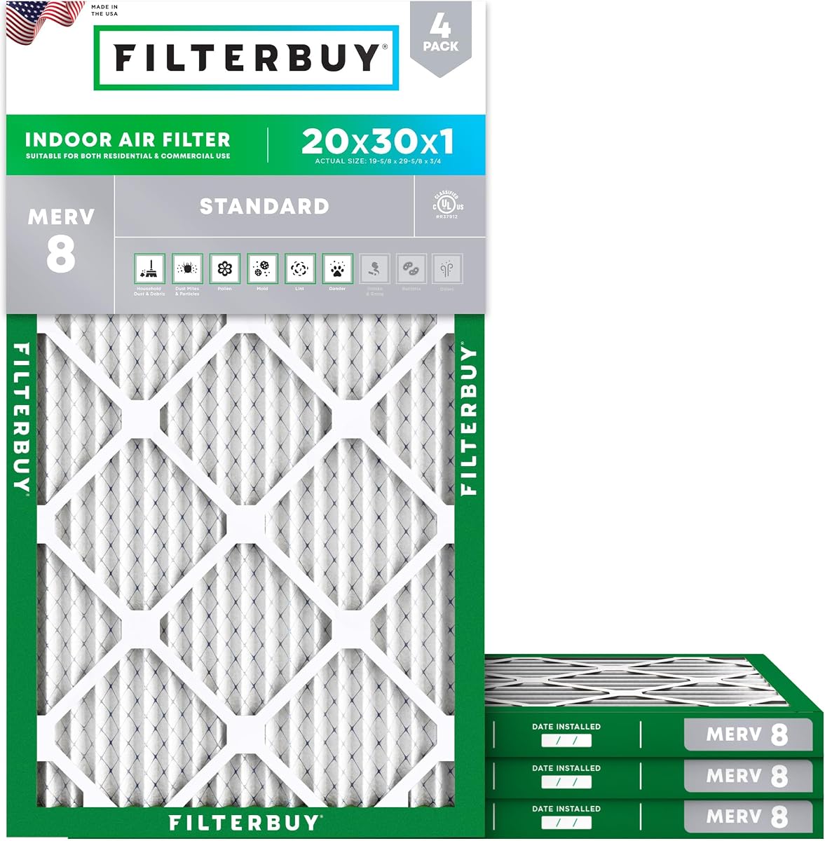 Filterbuy 20x30x1 Air Filter MERV 8 Essential Dust & Allergy Defense (4-Pack), Electrostatic Pleated HVAC AC Furnace Filters Replacement, Made in USA (Actual Size: 19.63 x 29.63 x 0.75)