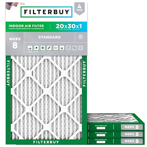 Filterbuy 20x30x1 Air Filter MERV 8 Dust & Allergy Defense (4-Pack) | Electrostatic Pleated HVAC AC Furnace Filters Replacement, Made in USA (Actual Size: 19.63 x 29.63 x 0.75)