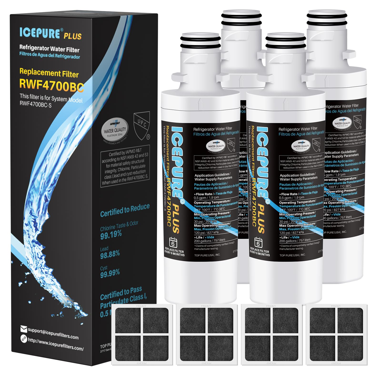 ICEPURE PLUS ADQ747935 NSF/ANSI 53 Certified Replacement for LG LT1000P MDJ64844601, Kenmore Elite 9980, LT1000PC ADQ74793501 LT1000 RWF4700A RWF4700AB Refrigerator Water and LT120F Air Filter, 4Combo