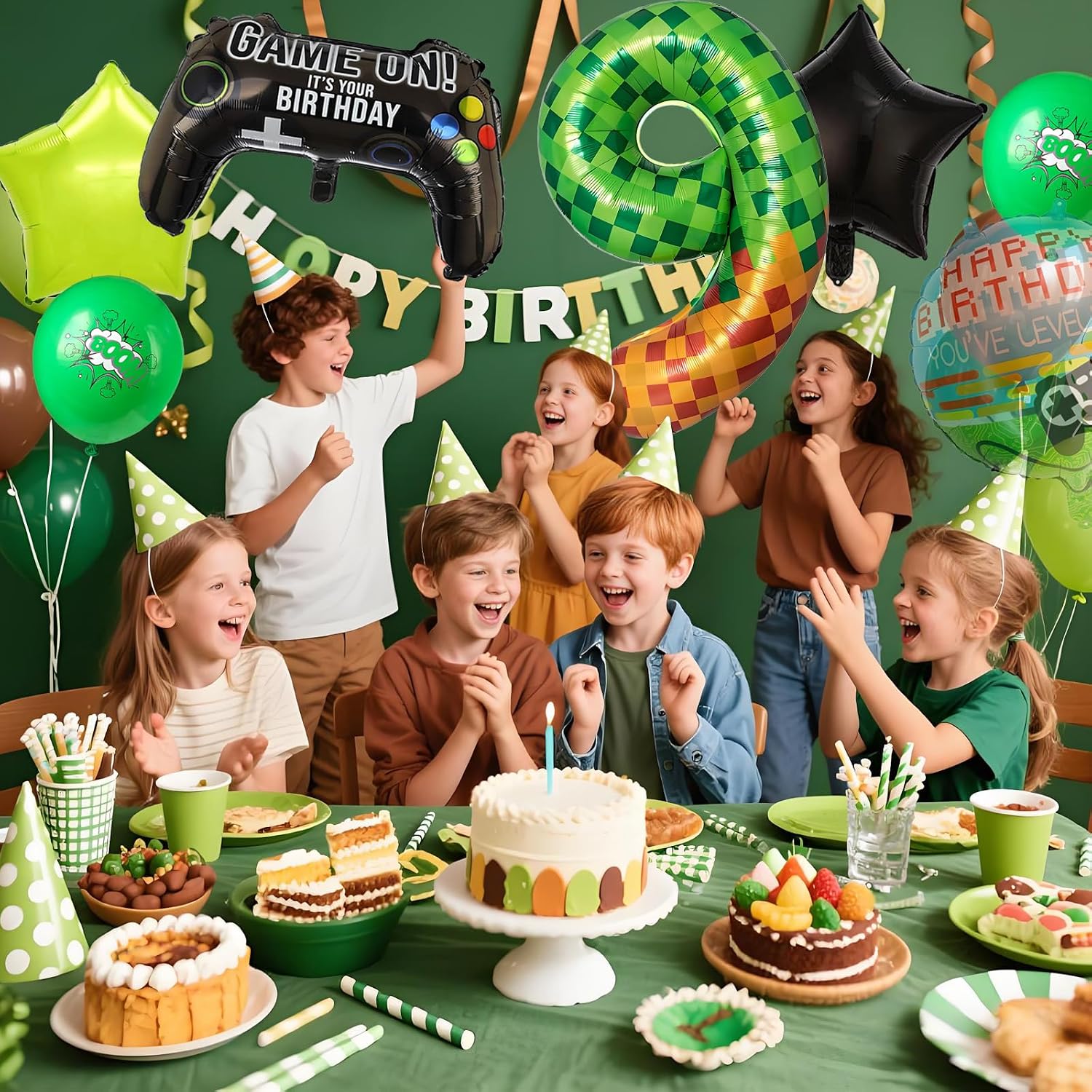 Minyu 9-Piece Game-Themed Birthday Balloon Set includes pixel numbers, game controllers, stars, and printed latex balloons, perfect for decorating a gamer's birthday party. (Number 9) image 4