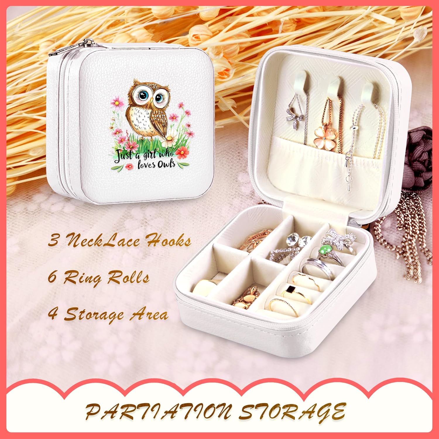 Owl Jewelry Box, Gifts For Kids Teens Girls Age 8-12, Owl Lovers Stuff Items Accessories Things Merchandise Decor Merch, Travel Ring Earrings Necklace Organizer Holder! - Image 4