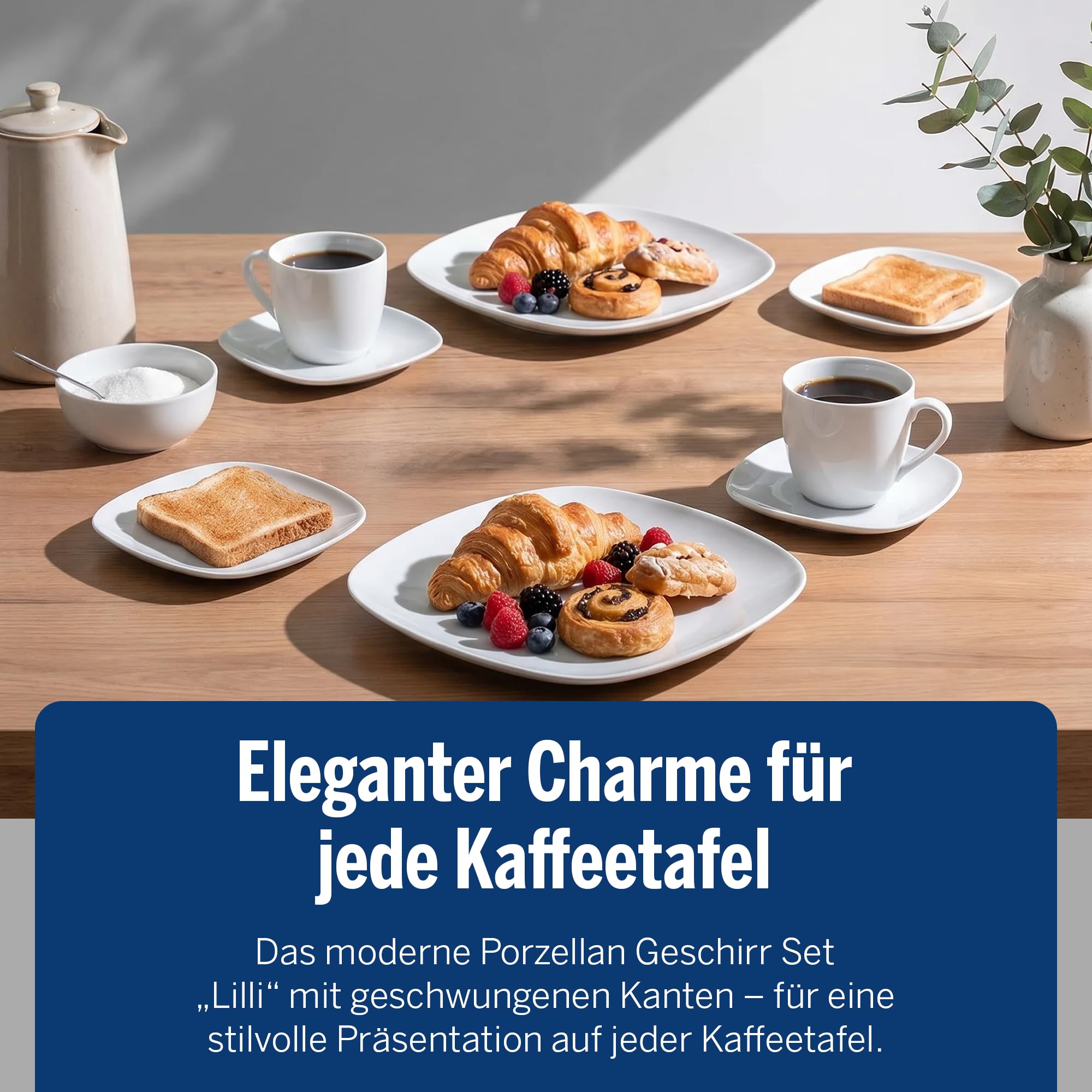Van Well Lilli Porzellan Geschirrset 36-teilig – Modernes, eckiges Kaffee Geschirr Set in Weiß – Kombiservice für 12 Personen – Tafelservice & Geschirr für Gäste – Mikrowellen- & Spülmaschinengeeignet